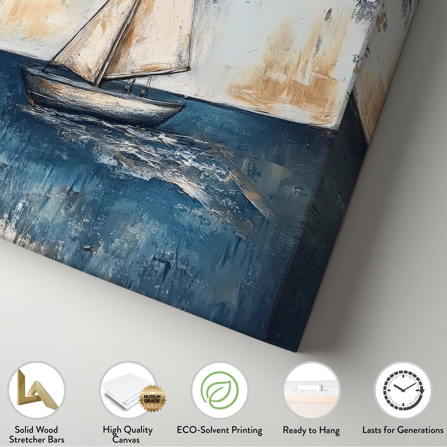 Seascape Sailboat Canvas Art | Impasto Textural Print | Coastal Farmhouse Wall Art For Living Room | Serene Blue Gray Art Horizontal Art