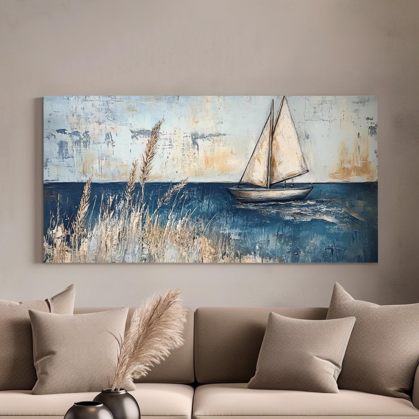Seascape Sailboat Canvas Art | Impasto Textural Print | Coastal Farmhouse Wall Art For Living Room | Serene Blue Gray Art Horizontal Art