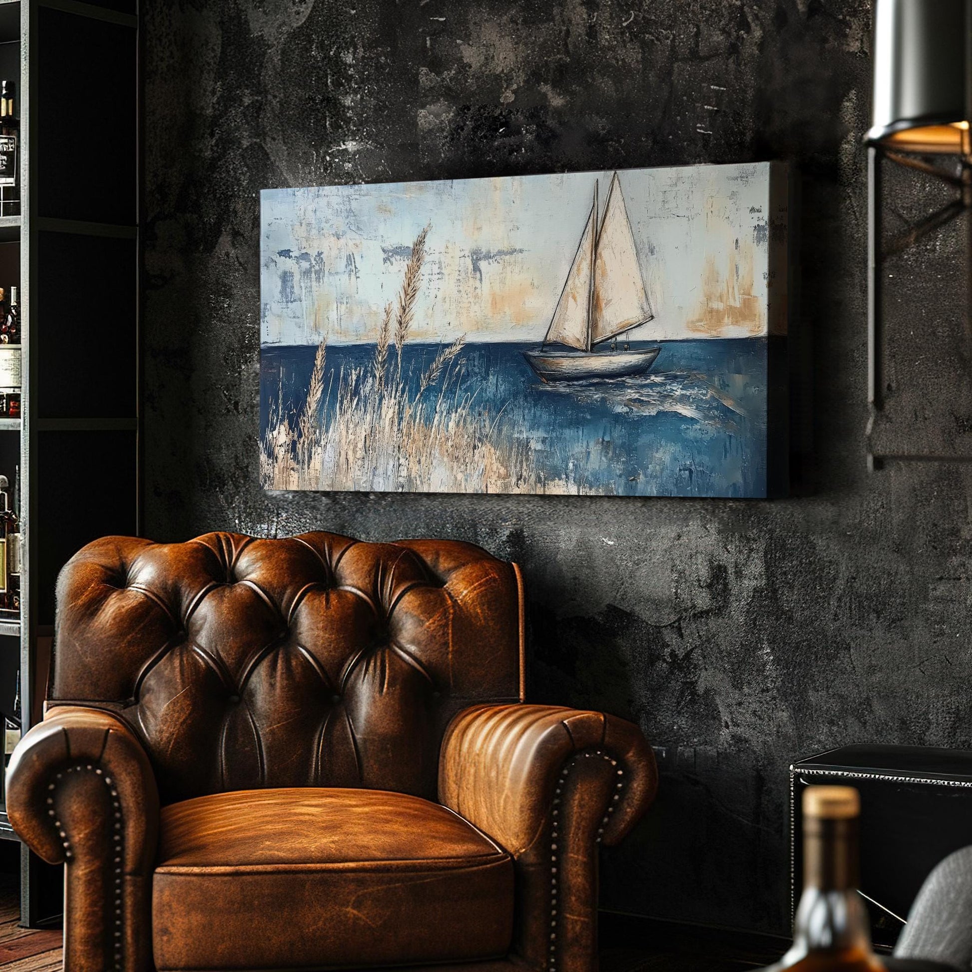 Seascape Sailboat Canvas Art | Impasto Textural Print | Coastal Farmhouse Wall Art For Living Room | Serene Blue Gray Art Horizontal Art