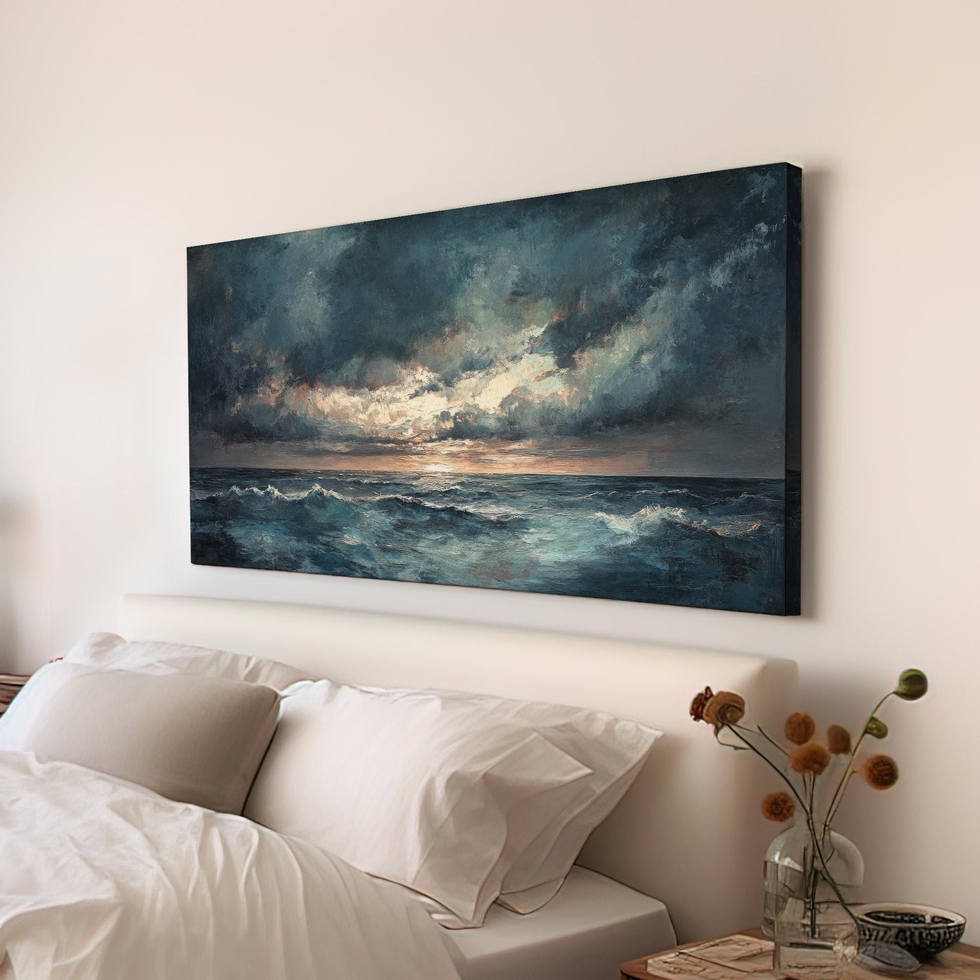 Seascape Impressionism Canvas Art | Impasto Textural Print | Coastal Bohemian Wall Art For Living Room | Stormy Seaglass Art Horizontal Art