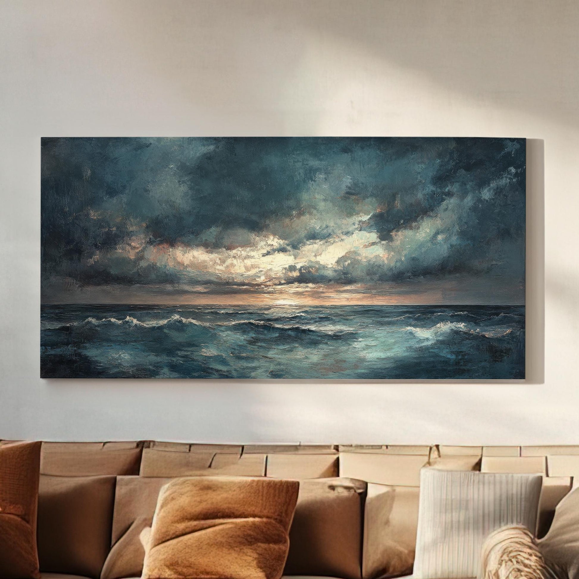 Seascape Impressionism Canvas Art | Impasto Textural Print | Coastal Bohemian Wall Art For Living Room | Stormy Seaglass Art Horizontal Art