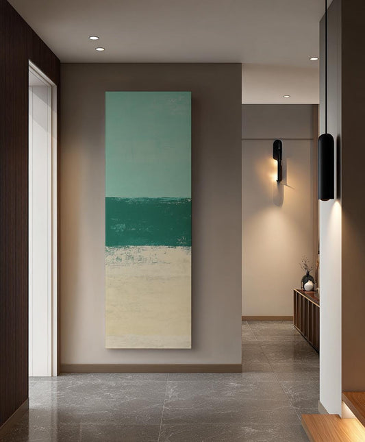 Seascape Abstract Canvas Art | Impasto Print | Coastal Bohemian Wall Art For Living Room | Seafoam Jade Art Long Vertical Art
