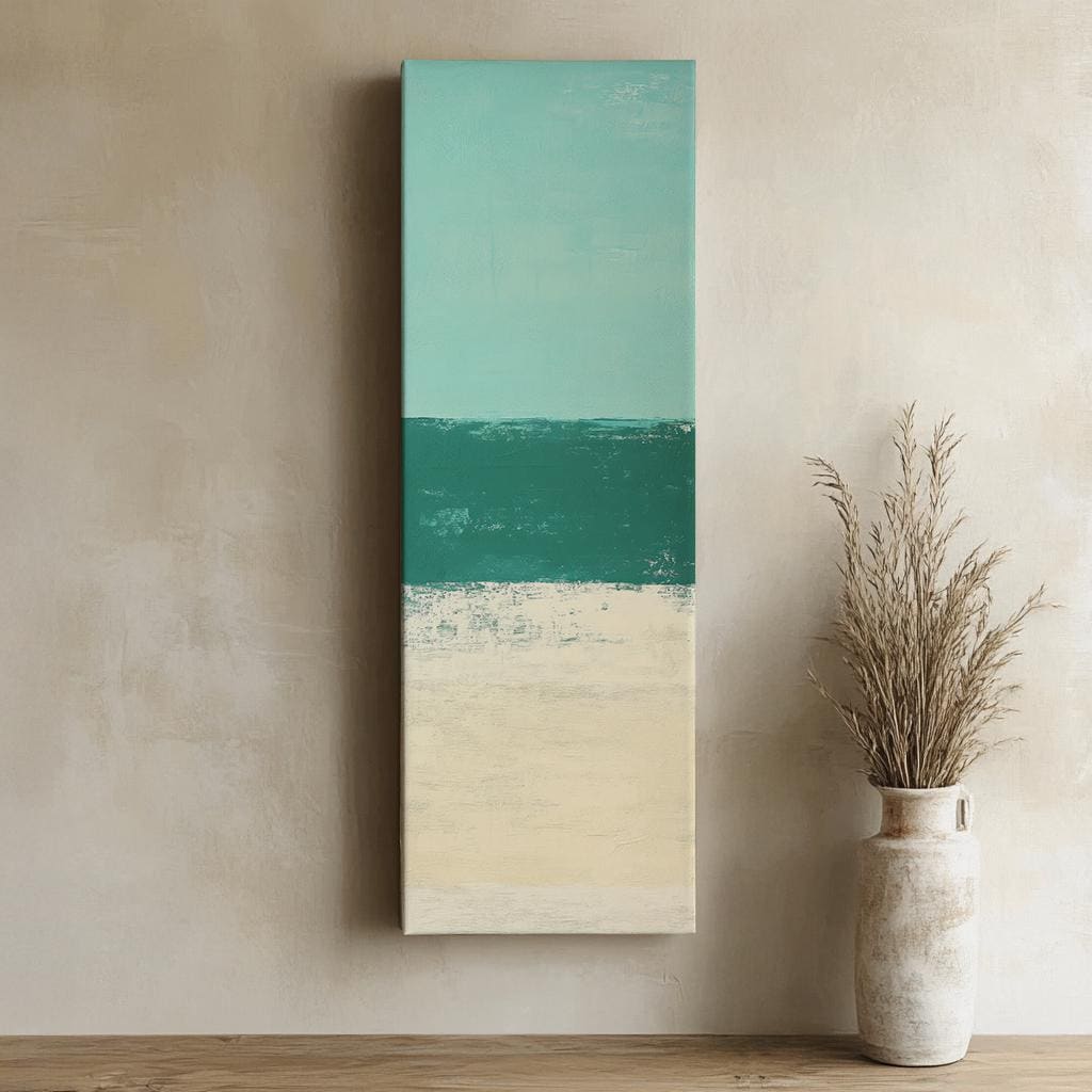 Seascape Abstract Canvas Art | Impasto Print | Coastal Bohemian Wall Art For Living Room | Seafoam Jade Art Long Vertical Art
