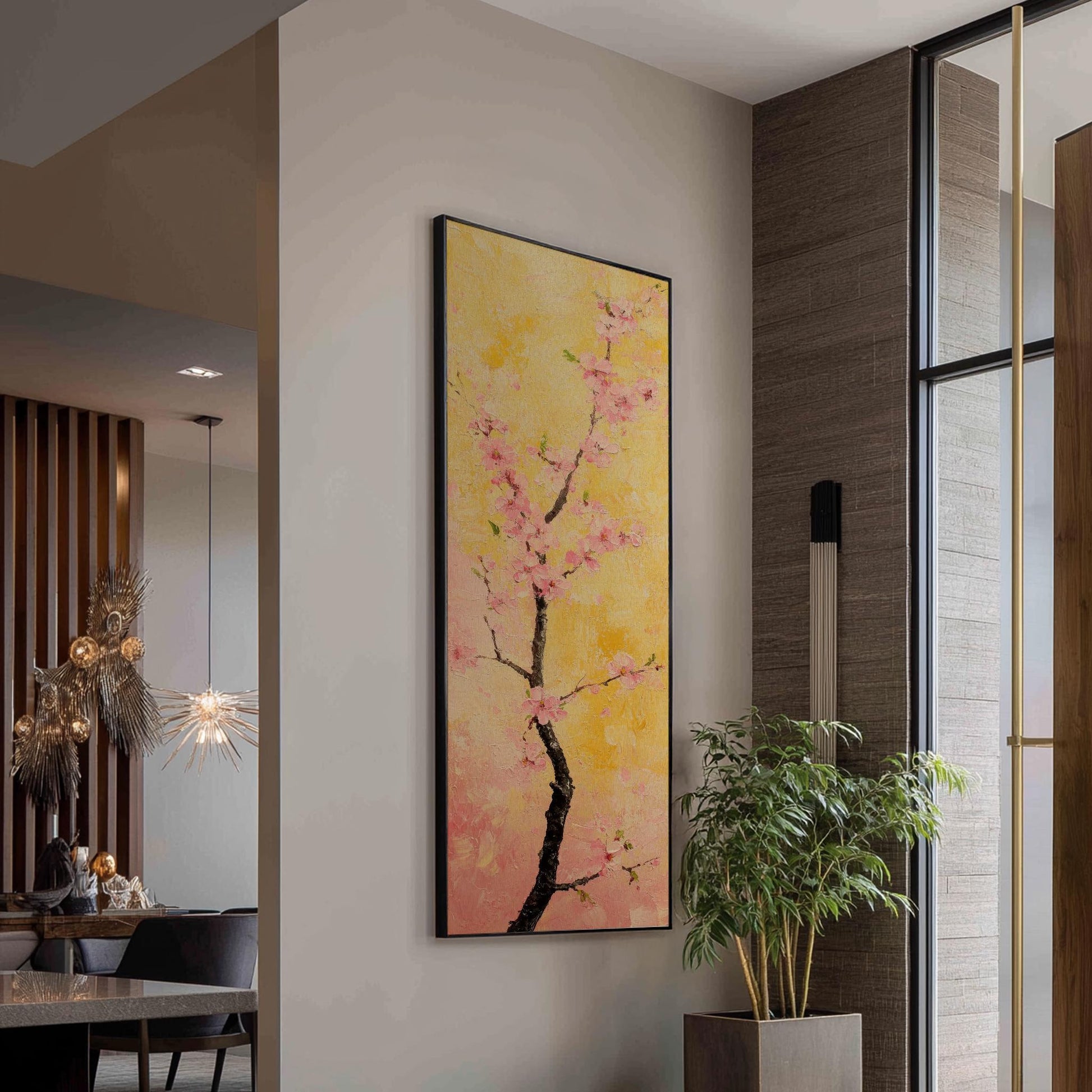 Sakura Blossom Canvas Art | Impasto Print | Bohemian Wall Art For Living Room | Blush Pink Art | Zen Decor Long Vertical Art