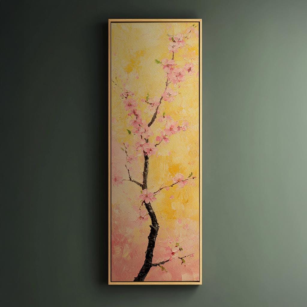 Sakura Blossom Canvas Art | Impasto Print | Bohemian Wall Art For Living Room | Blush Pink Art | Zen Decor Long Vertical Art