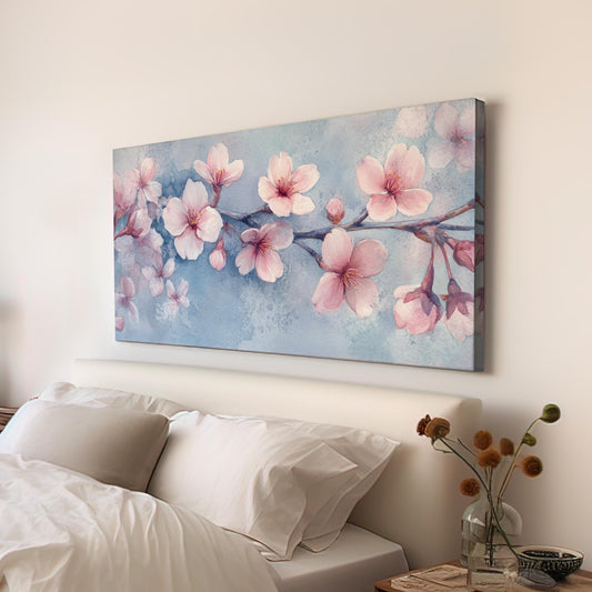 Sakura Blossom Branch Canvas Art | Watercolor Wash Print | Tranquil Zen Wall Art For Bedroom | Blush Pink Art Horizontal Art