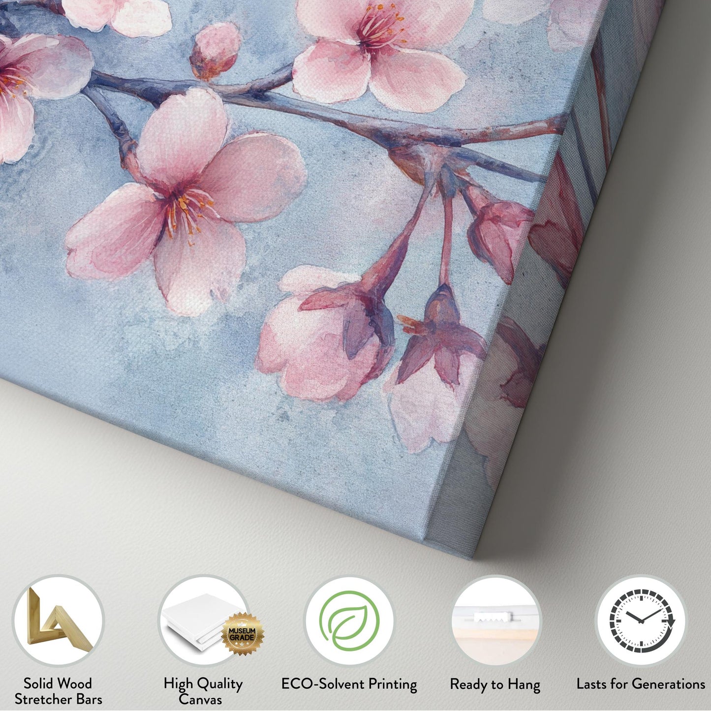 Sakura Blossom Branch Canvas Art | Watercolor Wash Print | Tranquil Zen Wall Art For Bedroom | Blush Pink Art Horizontal Art