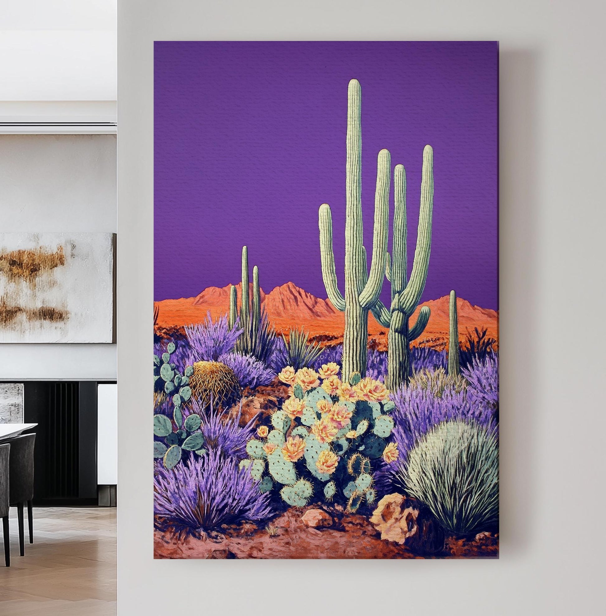 Saguaro Cactus Canvas Art | Mid Century Modern Print | Bohemian Wall Art For Living Room | Amethyst Sunset Art Vertical Canvas