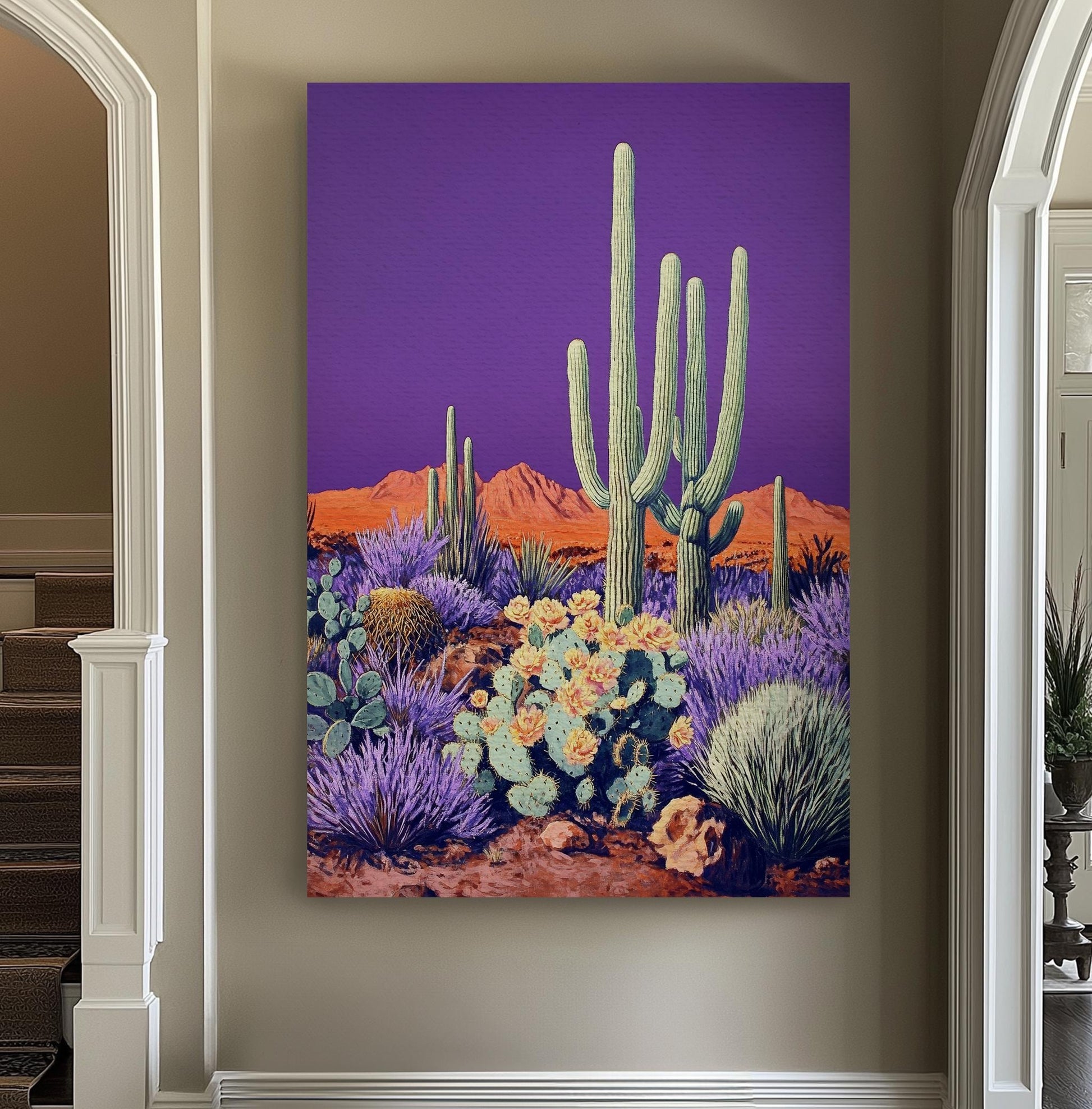 Saguaro Cactus Canvas Art | Mid Century Modern Print | Bohemian Wall Art For Living Room | Amethyst Sunset Art Vertical Canvas