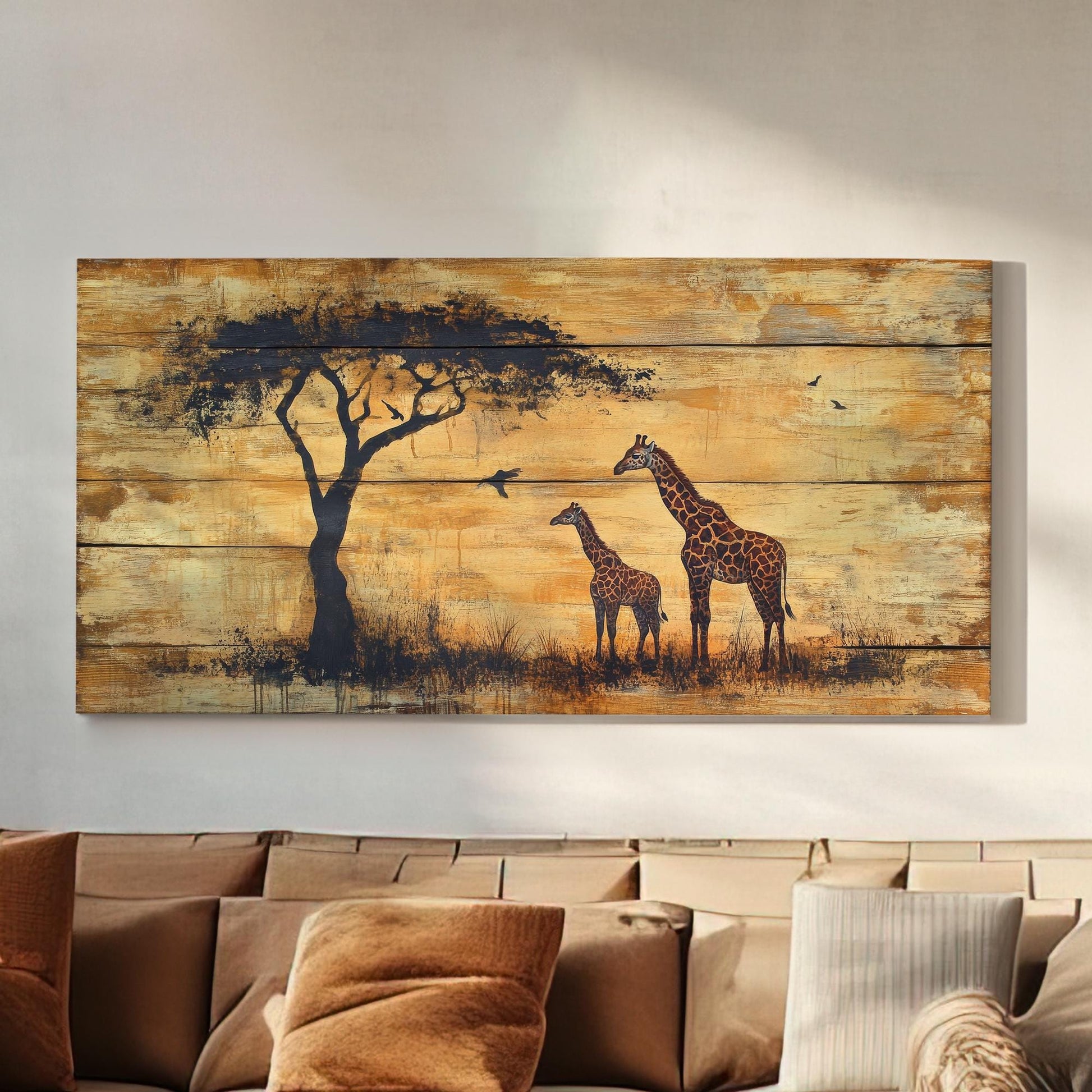 Safari Giraffe Canvas Art | Silhouette Texture Print | Bohemian Wall Art For Living Room | Honeycomb Sable Art Horizontal Art
