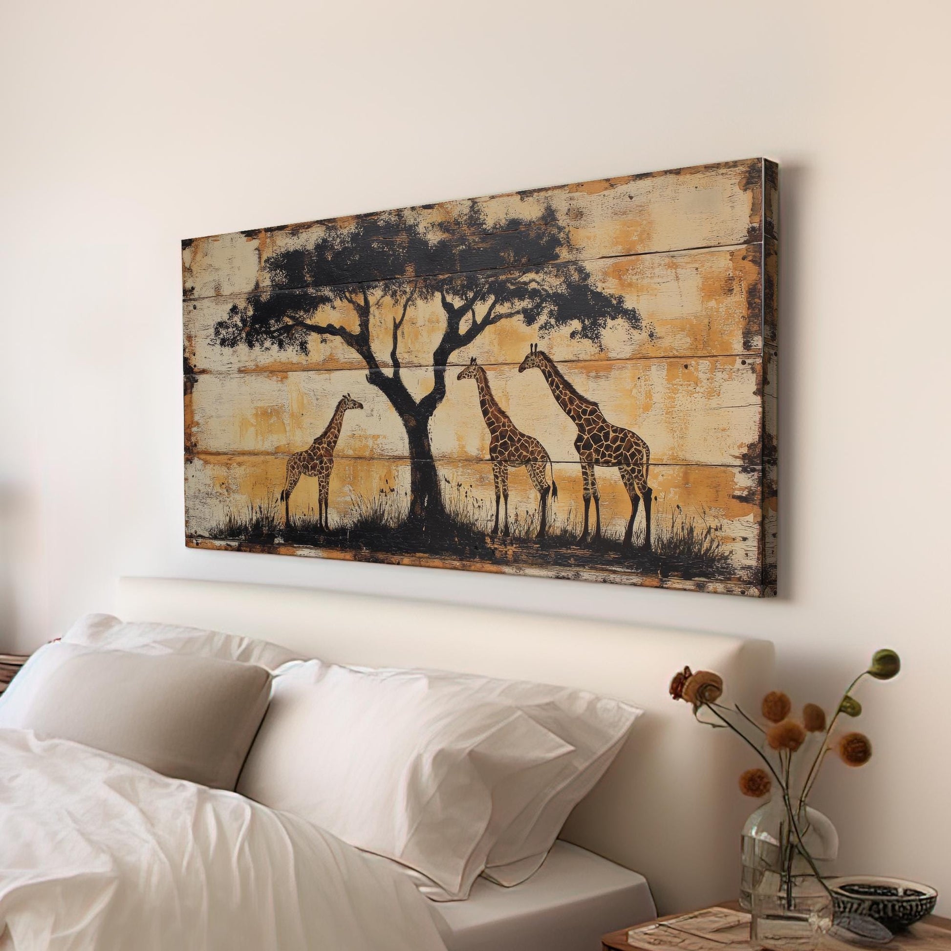 Safari Giraffe Canvas Art | Silhouette Print | Bohemian Wall Art For Living Room | Antique Beige Art | Tranquil Decor Horizontal Art