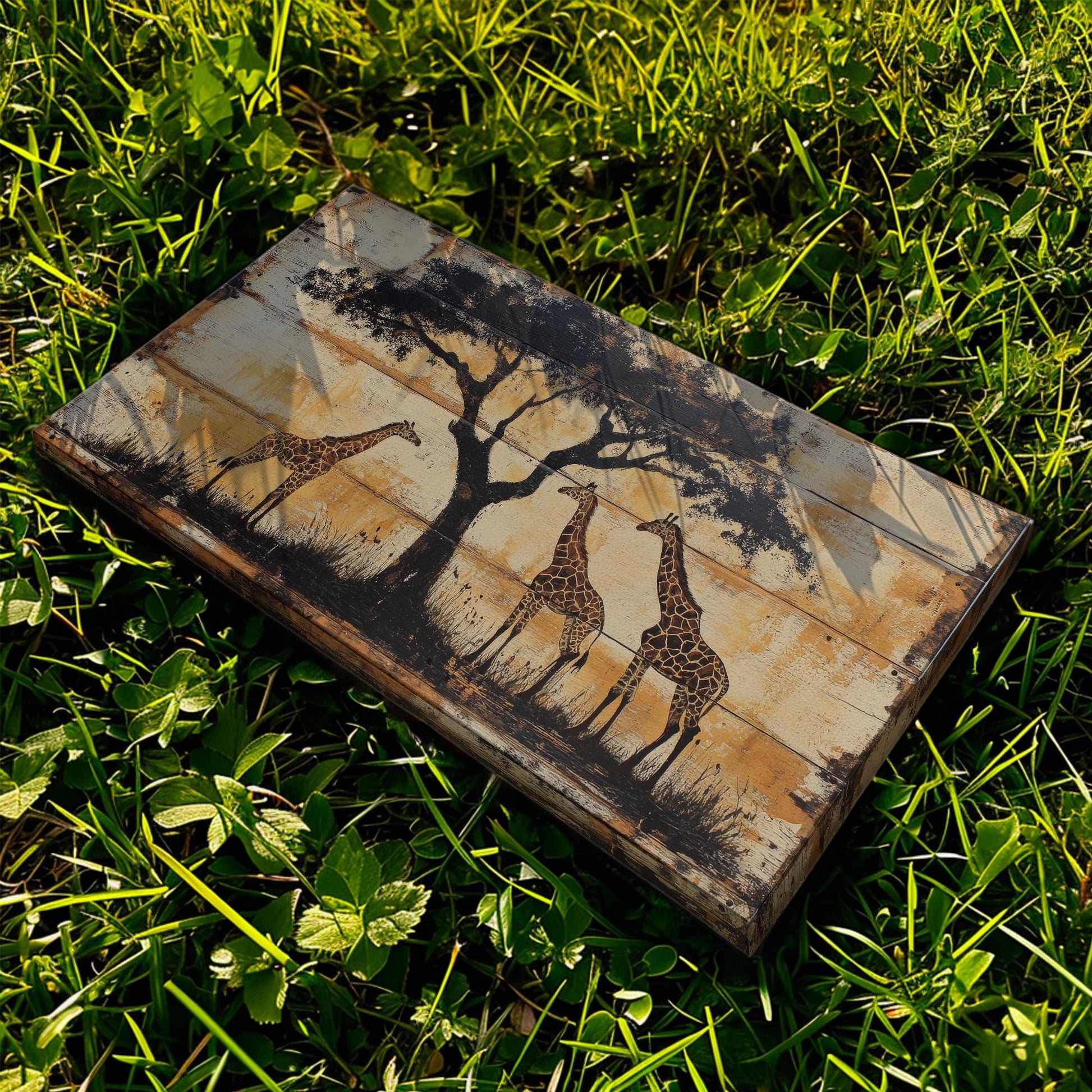 Safari Giraffe Canvas Art | Silhouette Print | Bohemian Wall Art For Living Room | Antique Beige Art | Tranquil Decor Horizontal Art