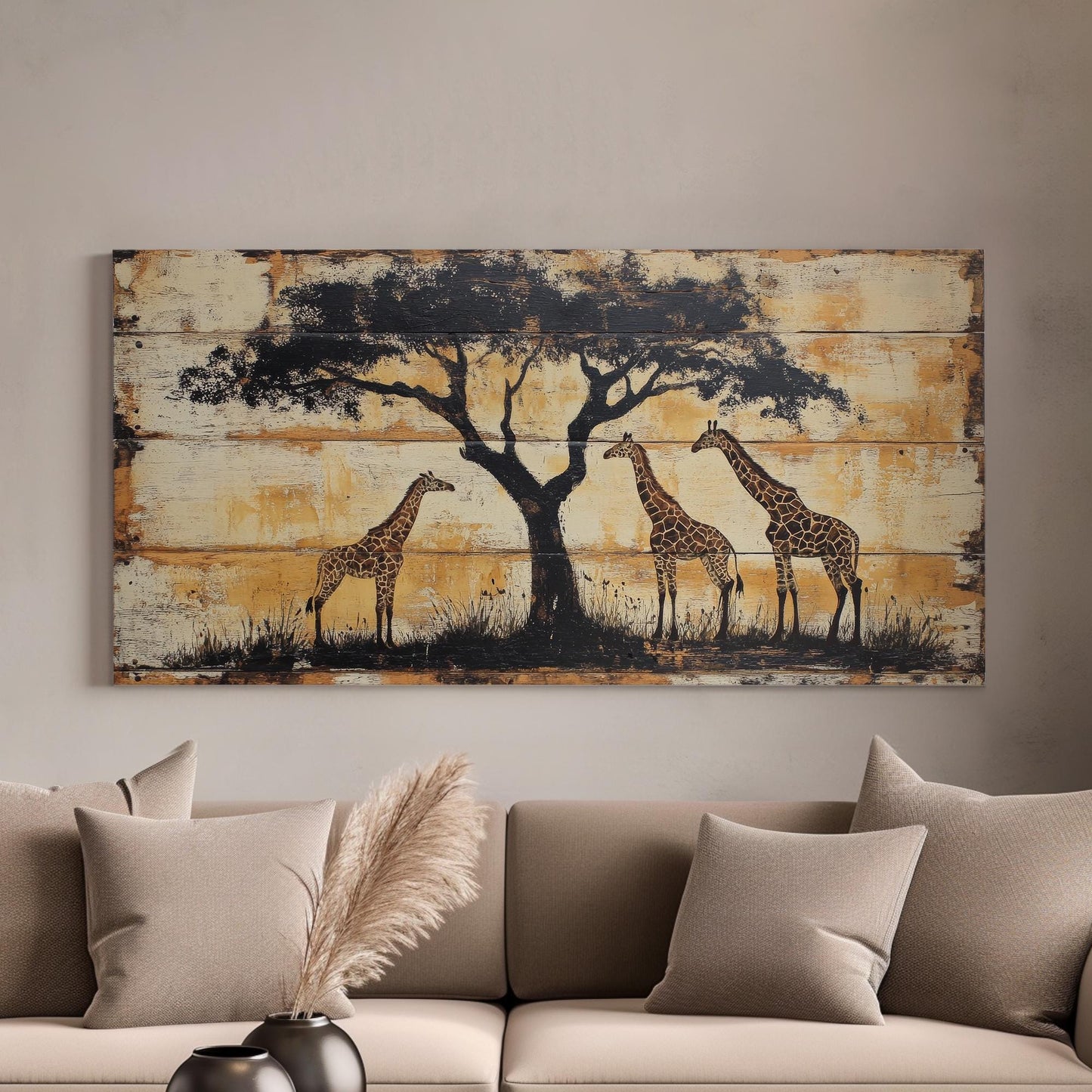 Safari Giraffe Canvas Art | Silhouette Print | Bohemian Wall Art For Living Room | Antique Beige Art | Tranquil Decor Horizontal Art