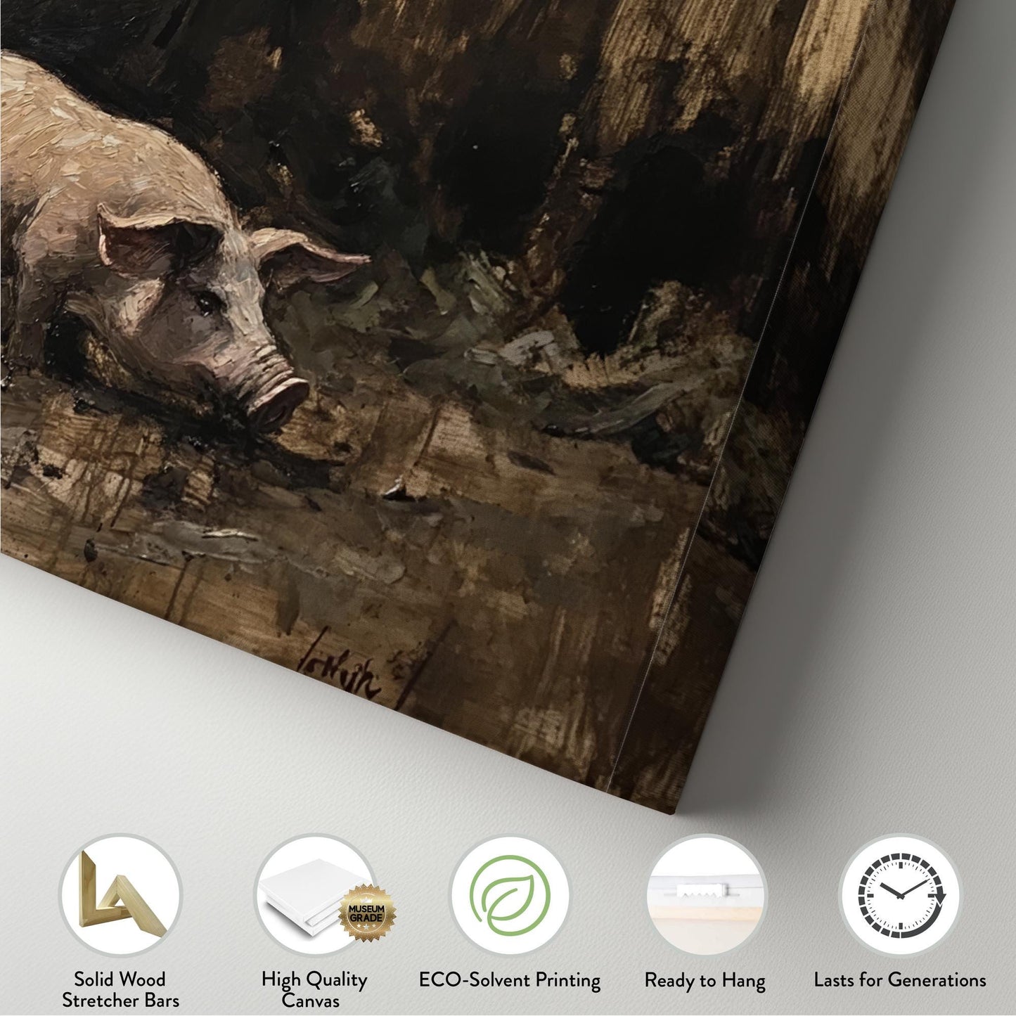 Rustic Swine Canvas Art | Impasto Painting Print | Bohemian Wall Art For Living Room | Taupe Oyster Art Panoramic Wall Art