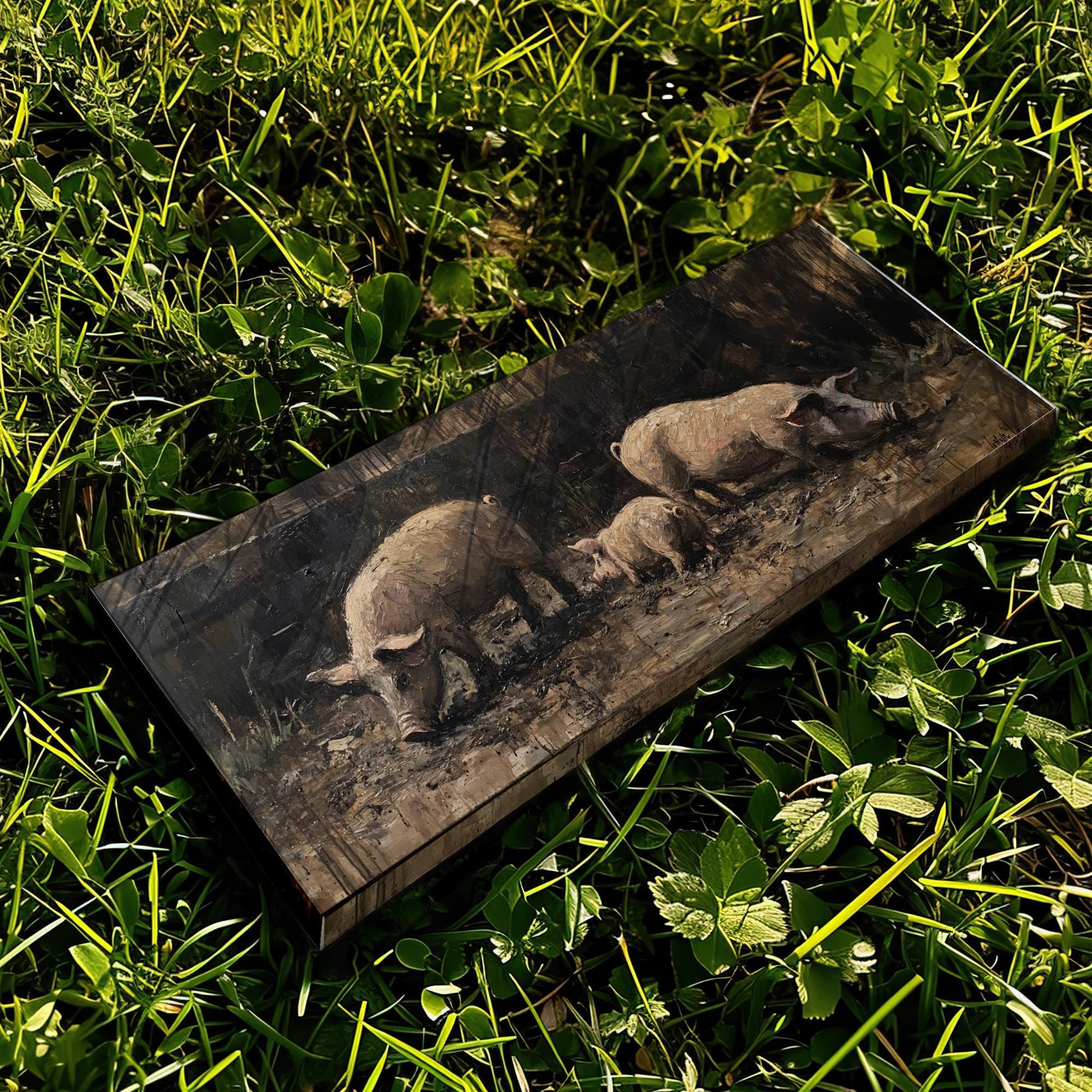 Rustic Swine Canvas Art | Impasto Painting Print | Bohemian Wall Art For Living Room | Taupe Oyster Art Panoramic Wall Art