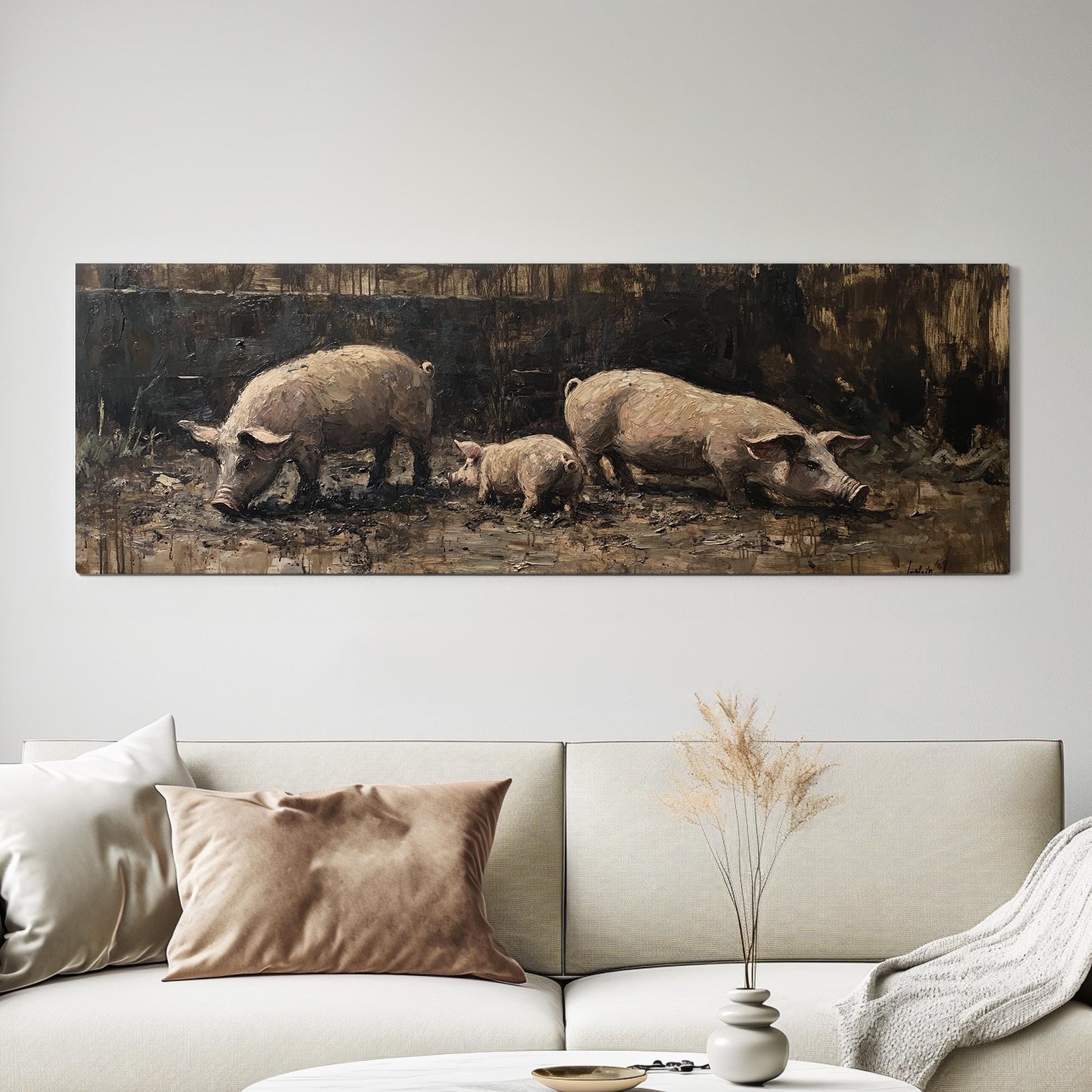 Rustic Swine Canvas Art | Impasto Painting Print | Bohemian Wall Art For Living Room | Taupe Oyster Art Panoramic Wall Art