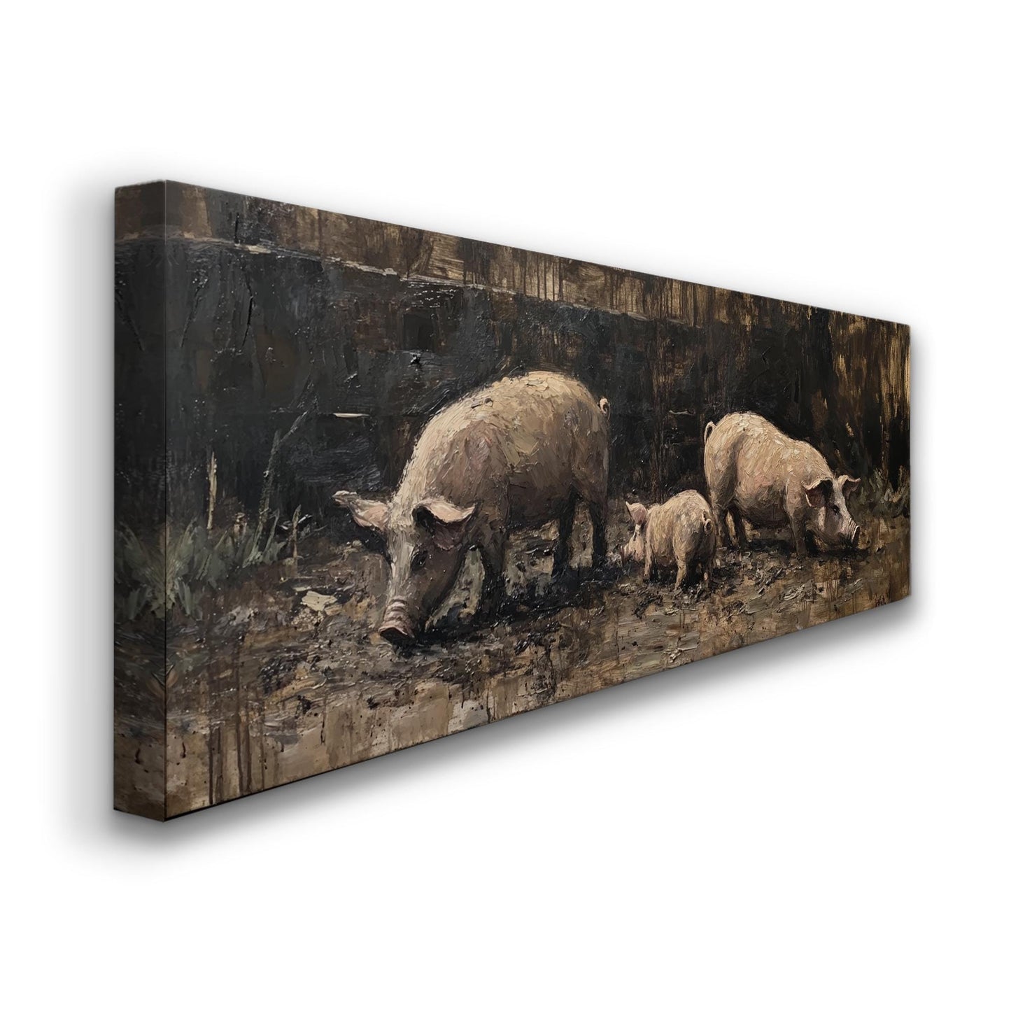 Rustic Swine Canvas Art | Impasto Painting Print | Bohemian Wall Art For Living Room | Taupe Oyster Art Panoramic Wall Art