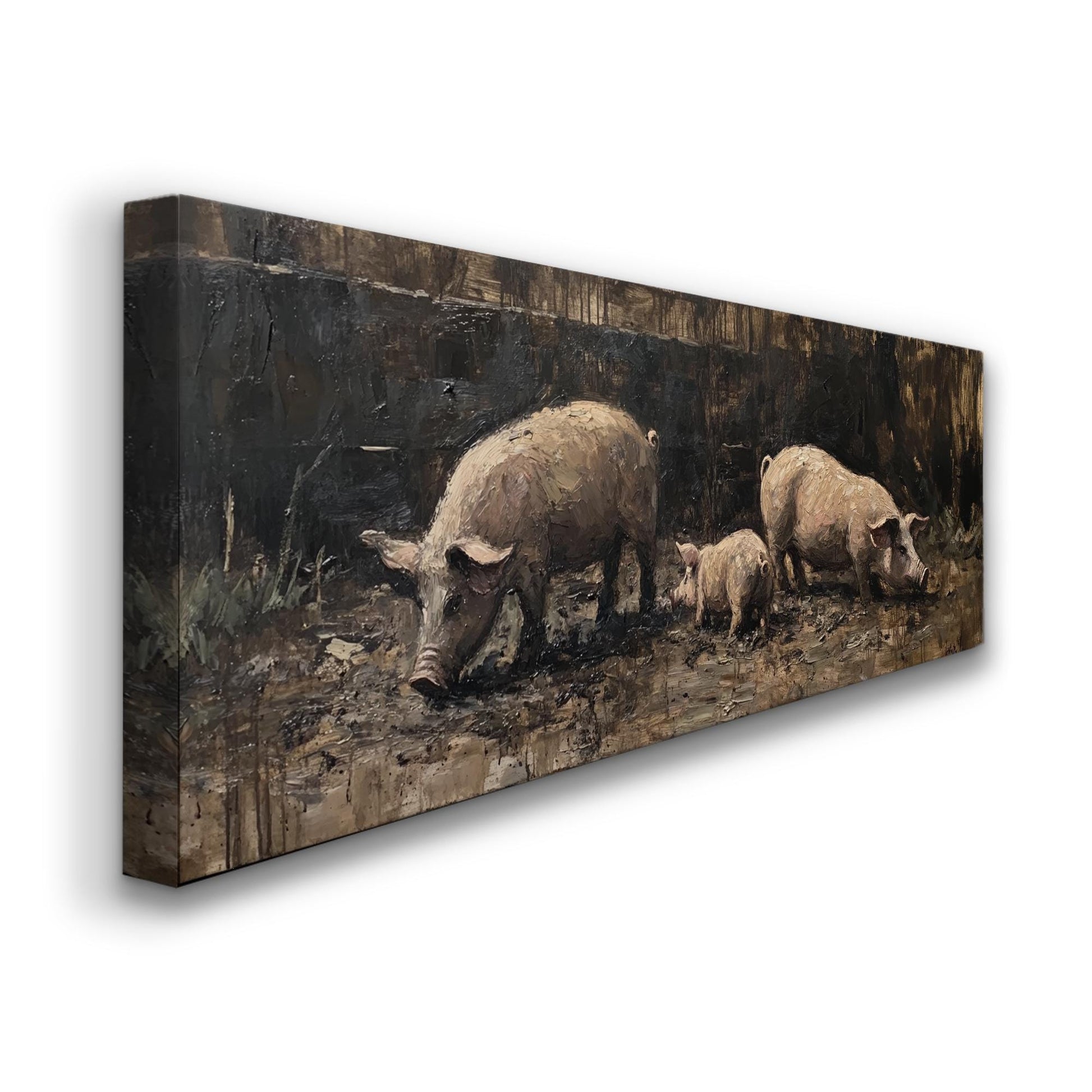 Rustic Swine Canvas Art | Impasto Painting Print | Bohemian Wall Art For Living Room | Taupe Oyster Art Panoramic Wall Art