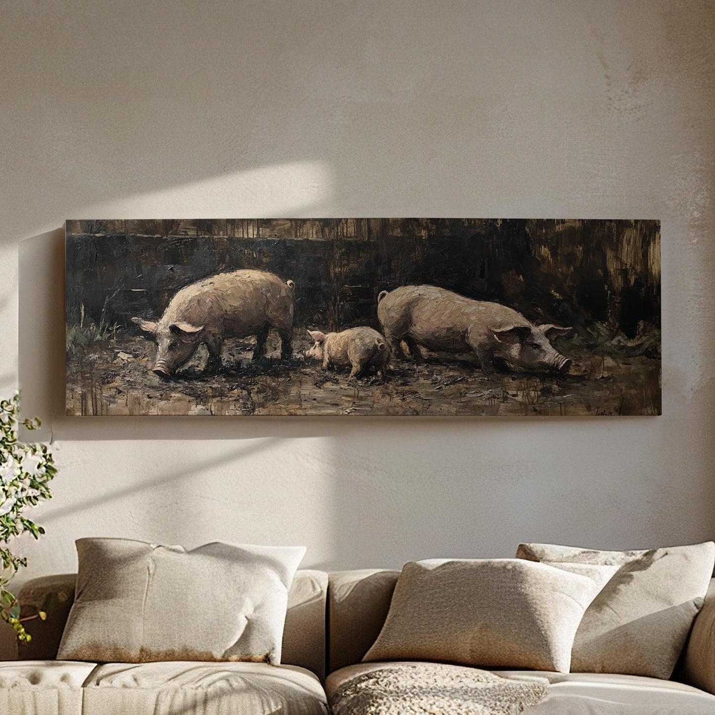 Rustic Swine Canvas Art | Impasto Painting Print | Bohemian Wall Art For Living Room | Taupe Oyster Art Panoramic Wall Art