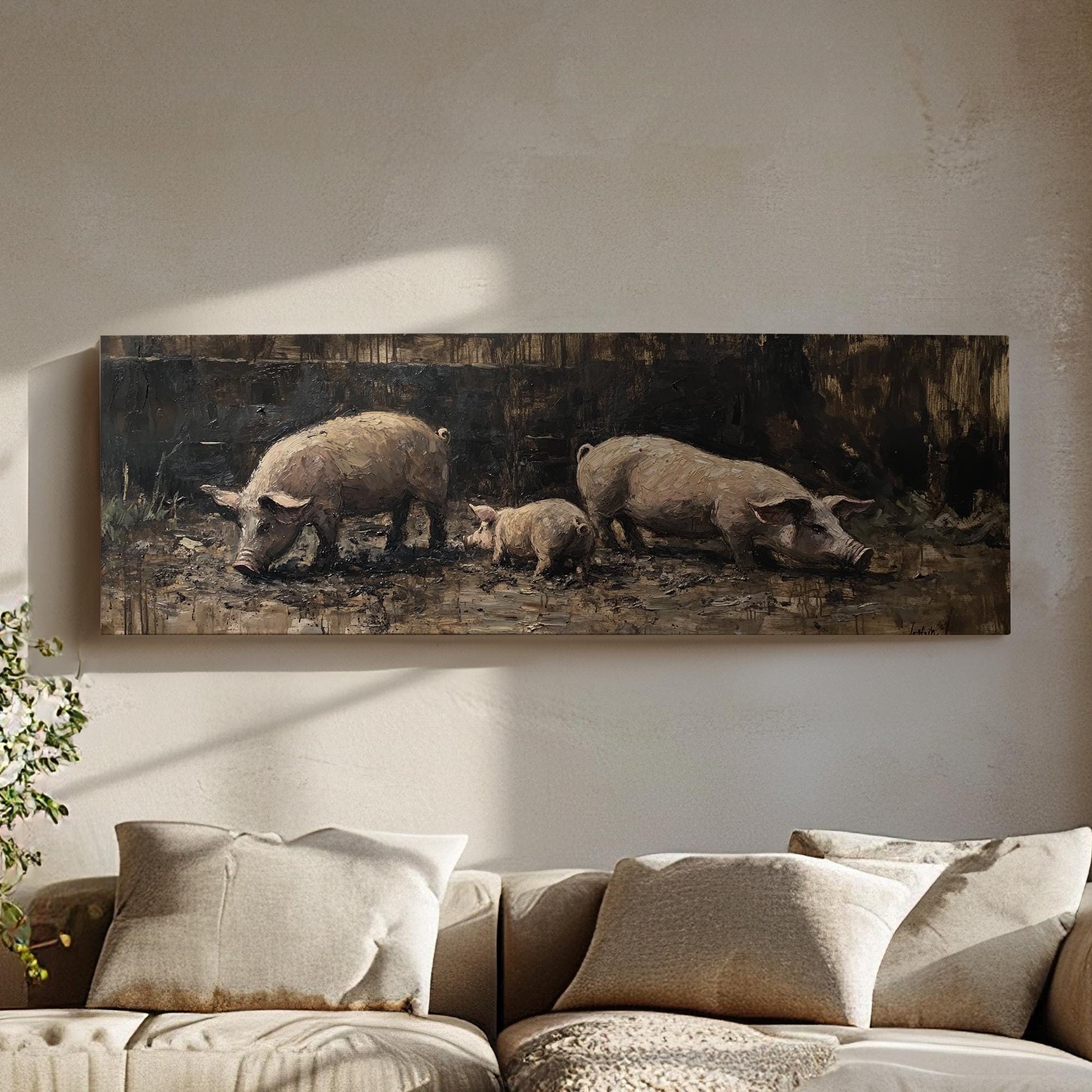 Rustic Swine Canvas Art | Impasto Painting Print | Bohemian Wall Art For Living Room | Taupe Oyster Art Panoramic Wall Art