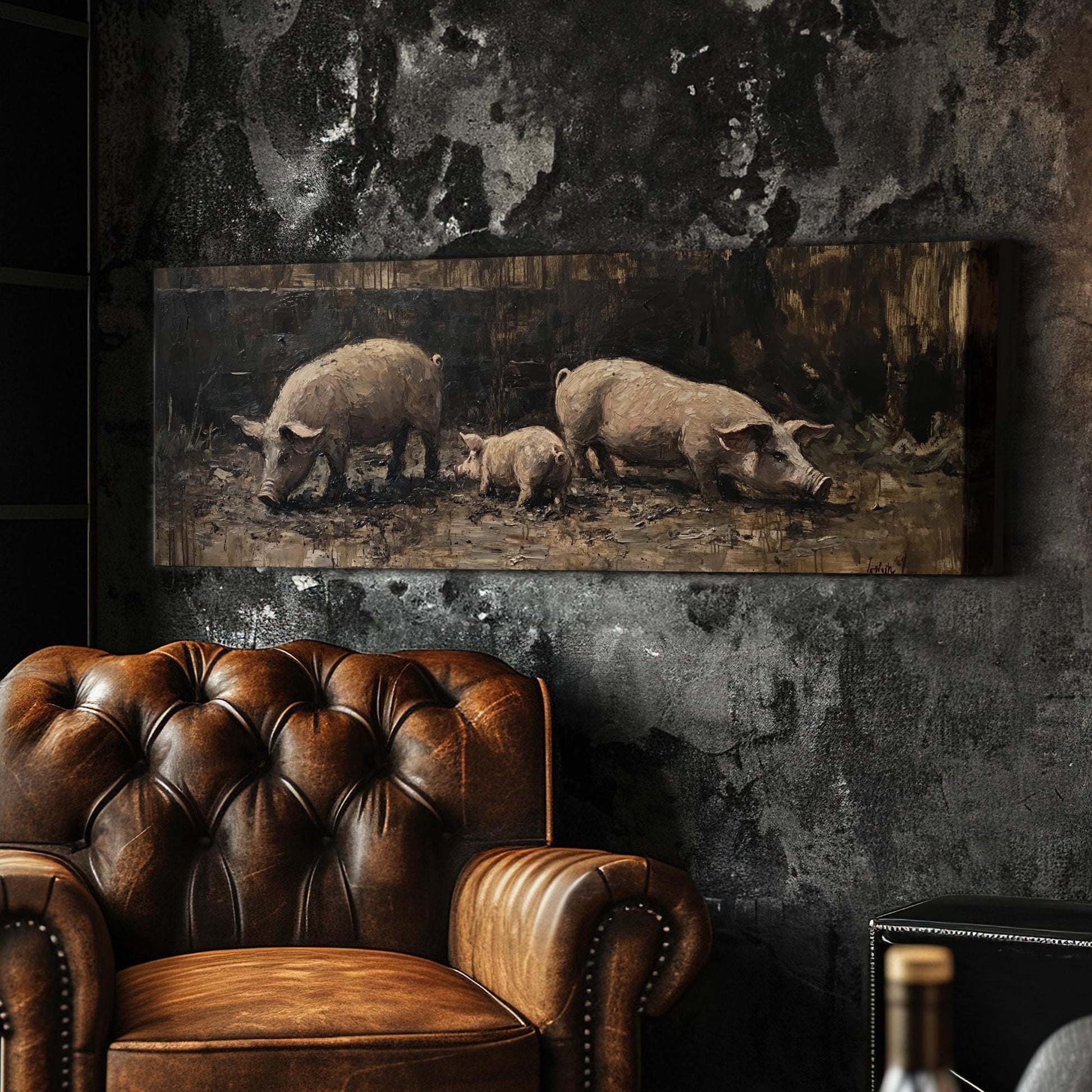 Rustic Swine Canvas Art | Impasto Painting Print | Bohemian Wall Art For Living Room | Taupe Oyster Art Panoramic Wall Art