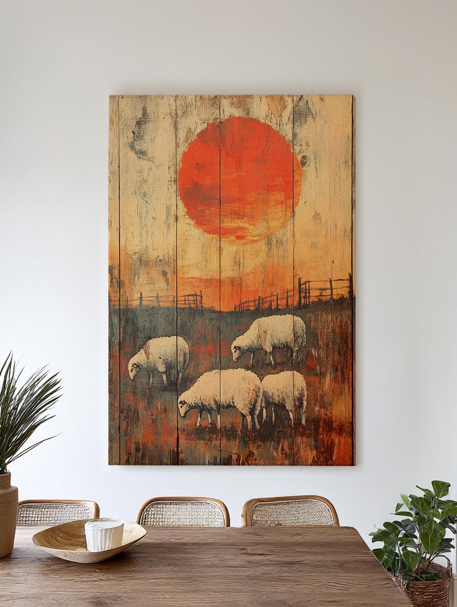 Rustic Sheep Sunset Canvas Art | Impasto Print | Bohemian Wall Art For Living Room | Burnt Sienna Art | Tranquil Decor Vertical Canvas