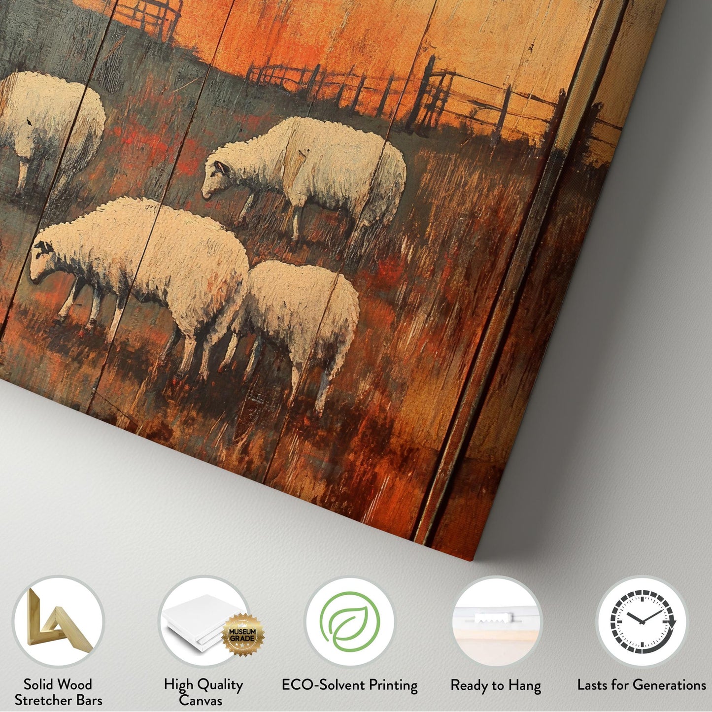 Rustic Sheep Sunset Canvas Art | Impasto Print | Bohemian Wall Art For Living Room | Burnt Sienna Art | Tranquil Decor Vertical Canvas