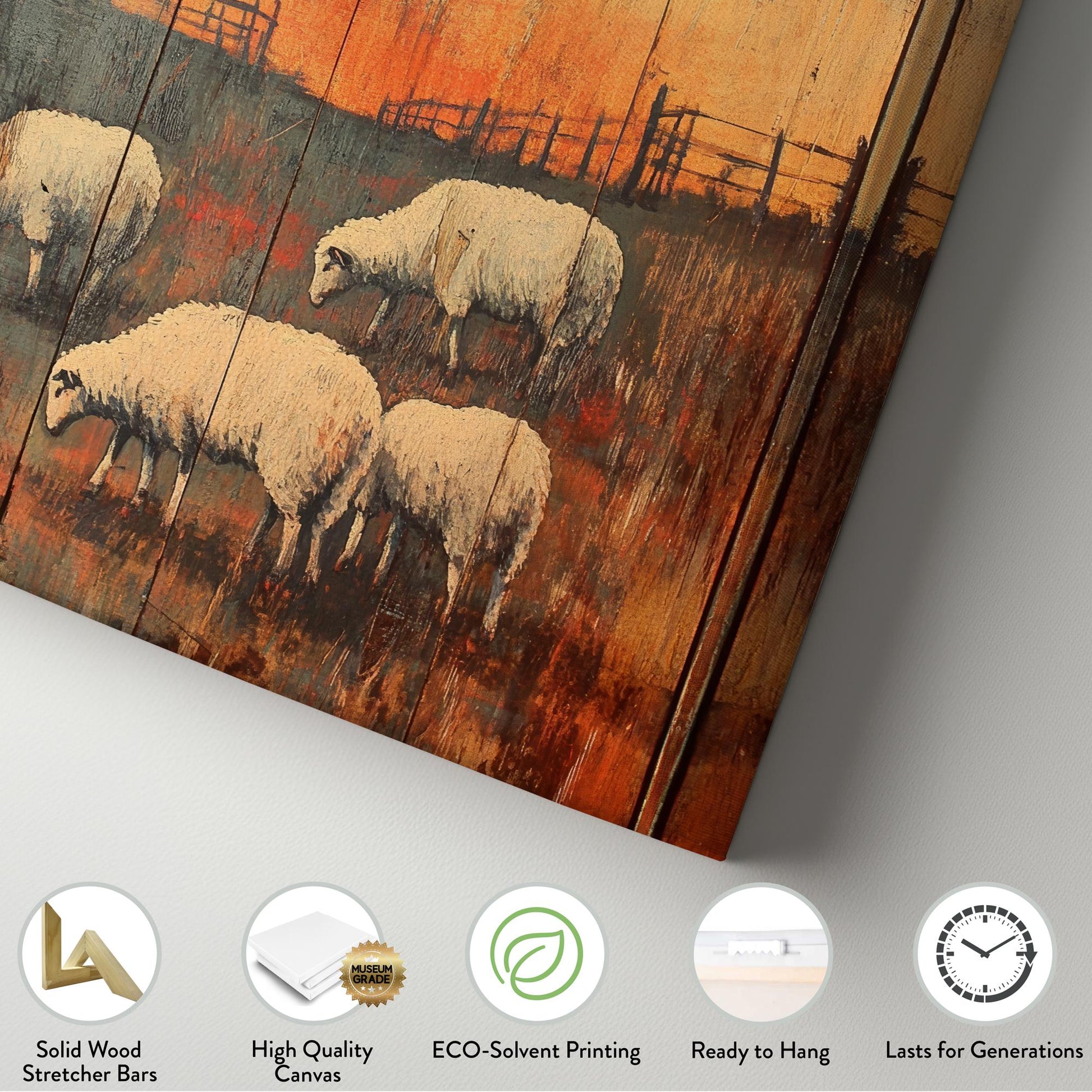 Rustic Sheep Sunset Canvas Art | Impasto Print | Bohemian Wall Art For Living Room | Burnt Sienna Art | Tranquil Decor Vertical Canvas