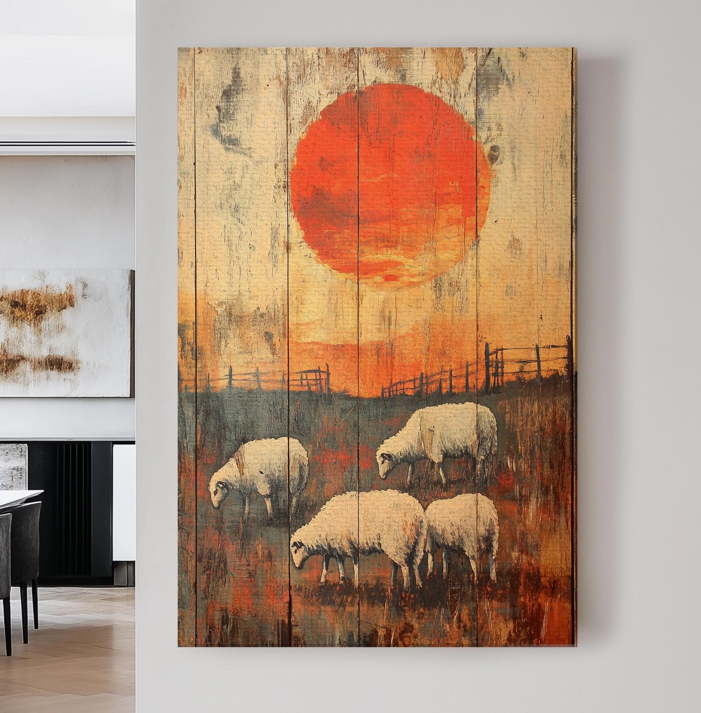 Rustic Sheep Sunset Canvas Art | Impasto Print | Bohemian Wall Art For Living Room | Burnt Sienna Art | Tranquil Decor Vertical Canvas