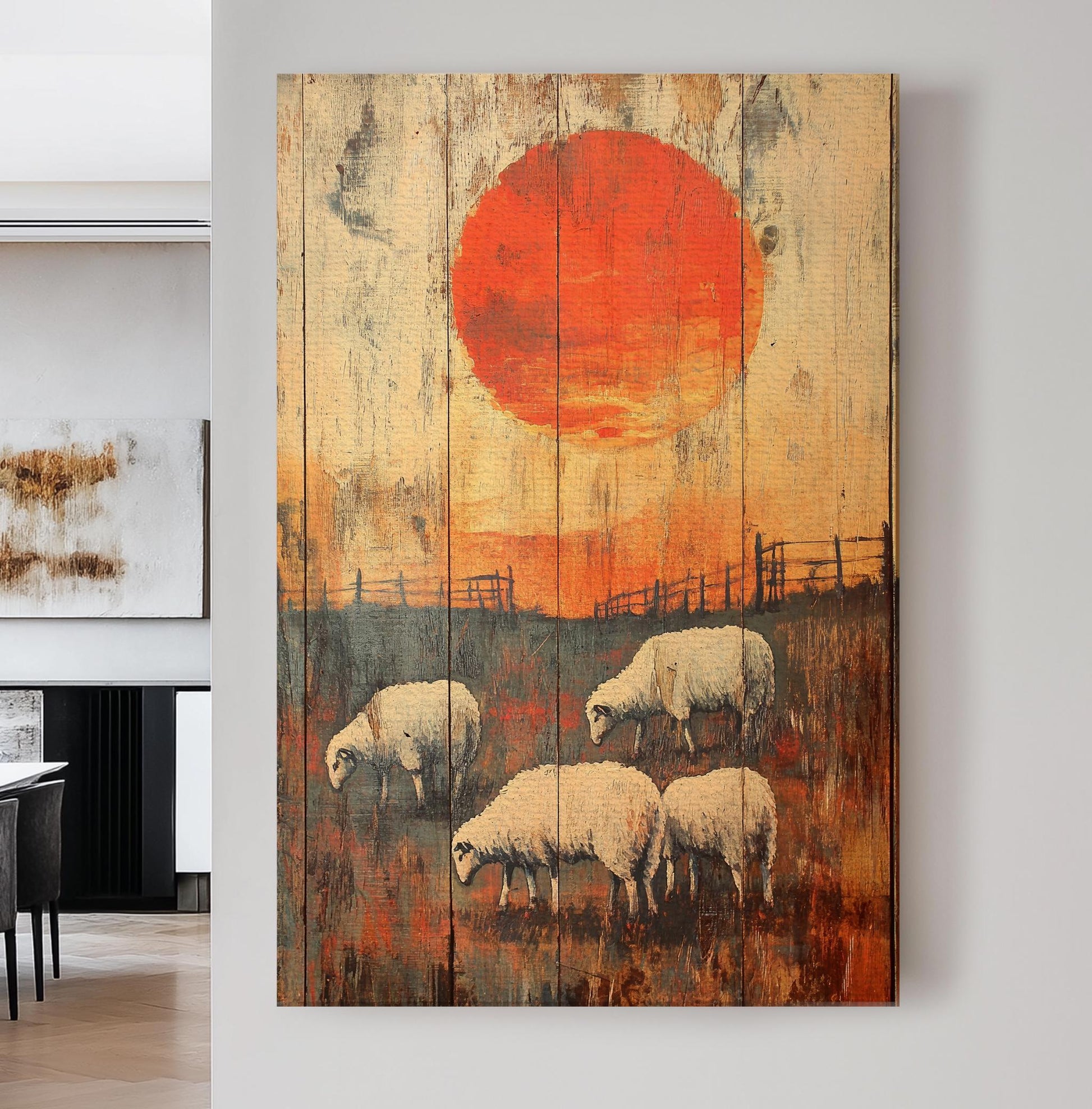 Rustic Sheep Sunset Canvas Art | Impasto Print | Bohemian Wall Art For Living Room | Burnt Sienna Art | Tranquil Decor Vertical Canvas