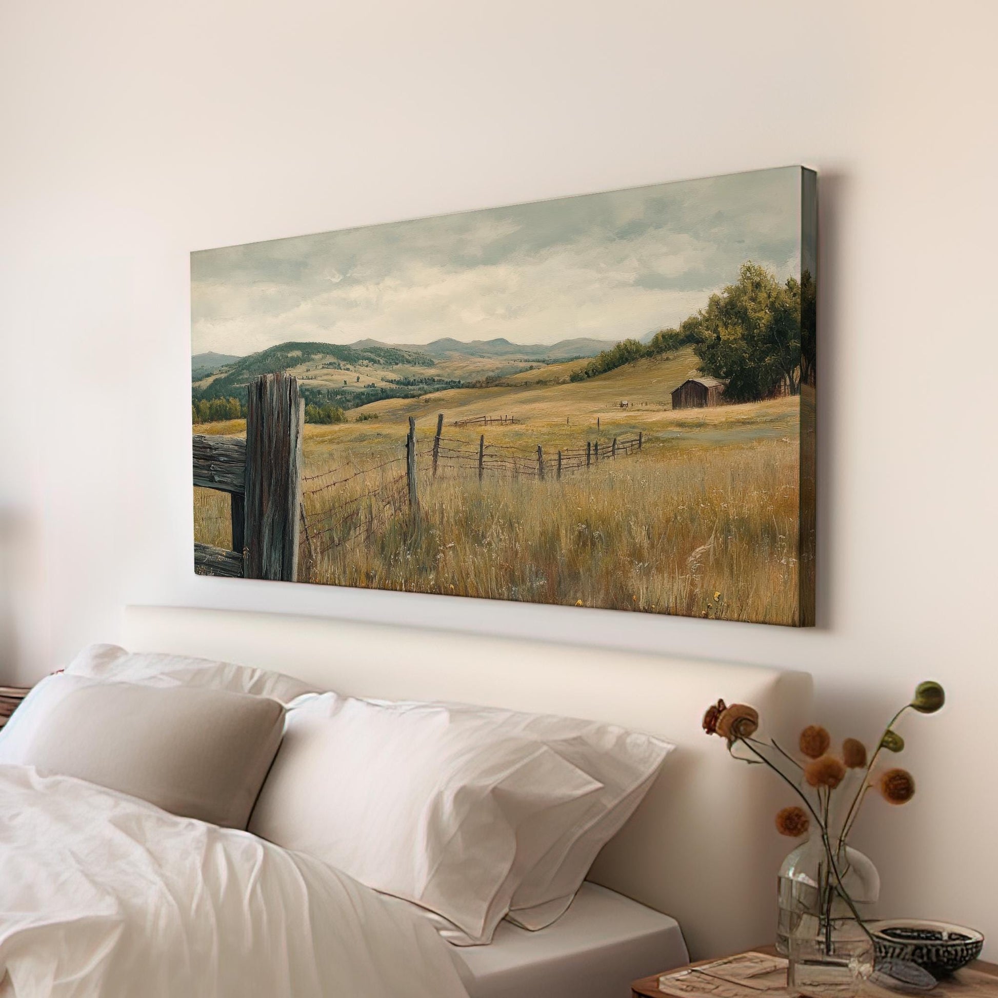 Rustic Ranch Landscape Canvas Art | Impasto Oil Print | Transitory Wall Art For Living Room | Harvest Gold Art Horizontal Art