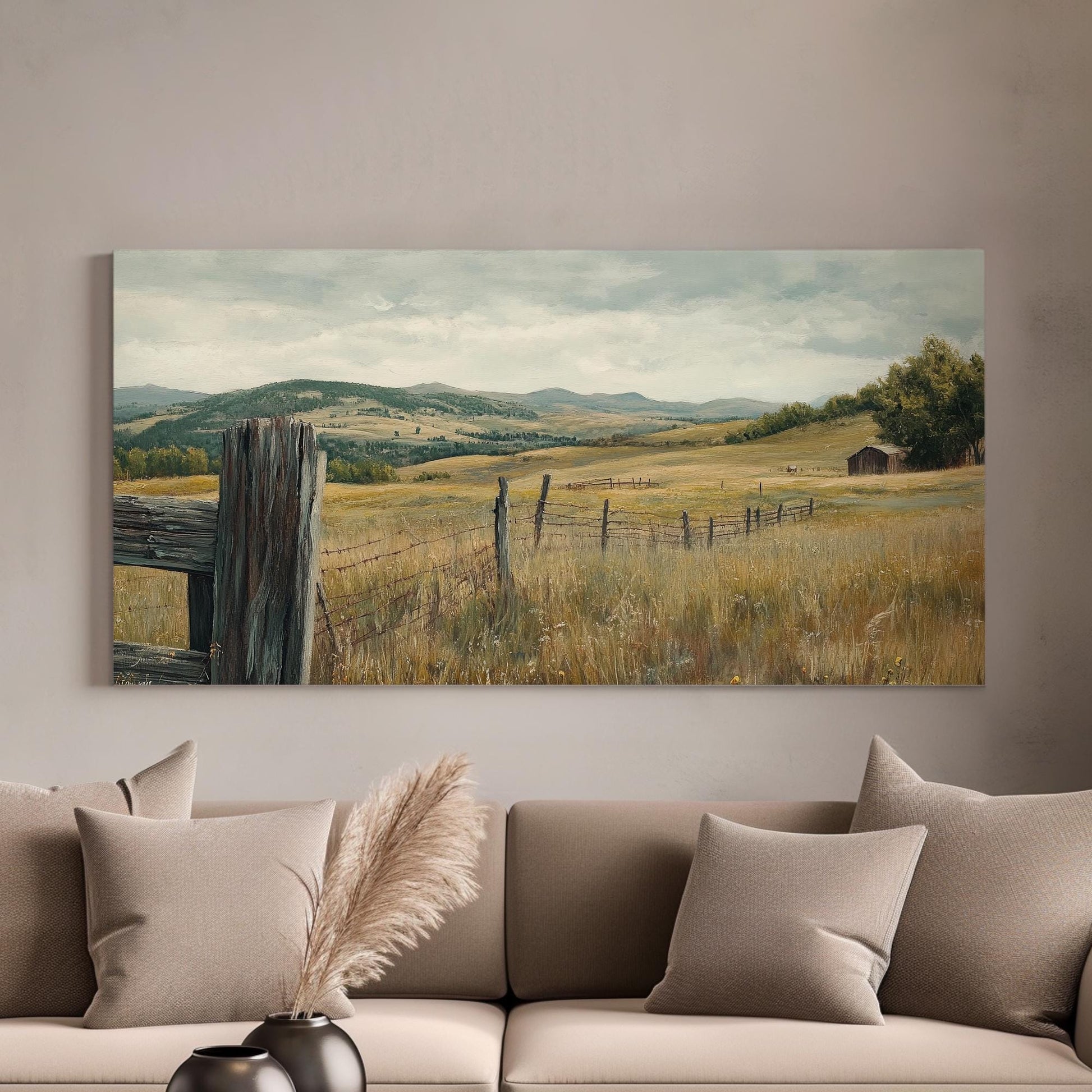 Rustic Ranch Landscape Canvas Art | Impasto Oil Print | Transitory Wall Art For Living Room | Harvest Gold Art Horizontal Art
