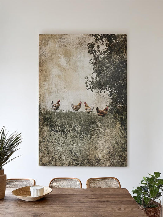 Rustic Henhouse Canvas Art | Distressed Vintage Print | Bohemian Farmhouse Wall Art For Living Room | Warm Taupe Sage Art Vertical Canvas