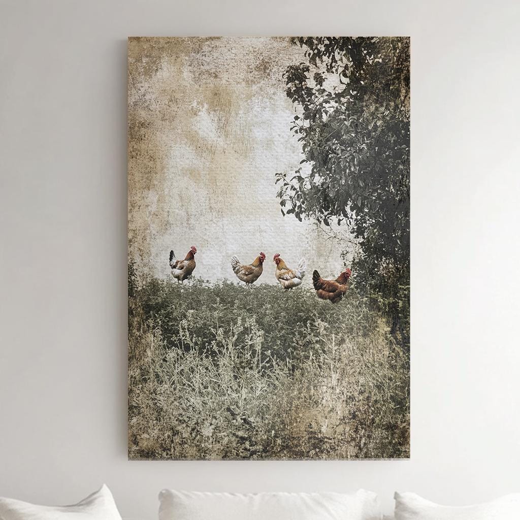 Rustic Henhouse Canvas Art | Distressed Vintage Print | Bohemian Farmhouse Wall Art For Living Room | Warm Taupe Sage Art Vertical Canvas