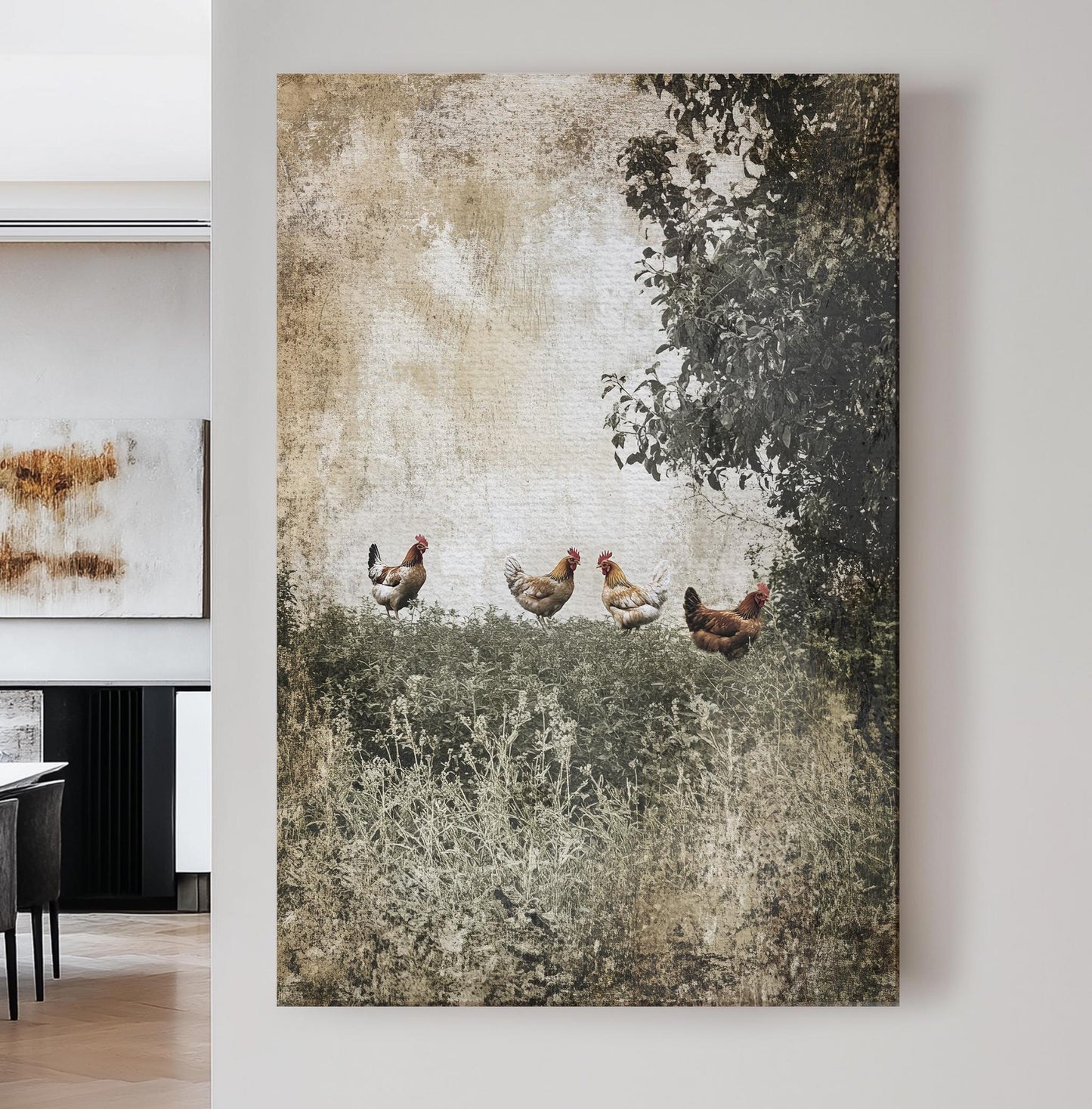 Rustic Henhouse Canvas Art | Distressed Vintage Print | Bohemian Farmhouse Wall Art For Living Room | Warm Taupe Sage Art Vertical Canvas