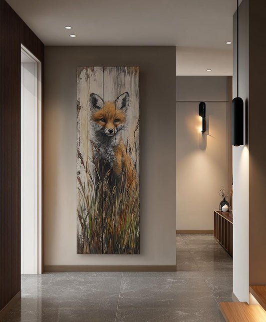 Rustic Fox Canvas Art | Impasto Brushstroke Print | Bohemian Wall Art For Living Room | Warm Taupe Wheat Art Long Vertical Art