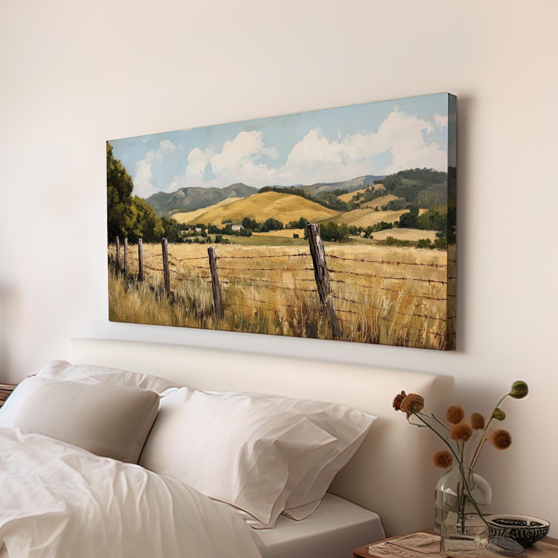 Rustic Fence Line Canvas Art | Impasto Painting Print | Transitional Wall Art For Living Room | Harvest Gold Art Horizontal Art