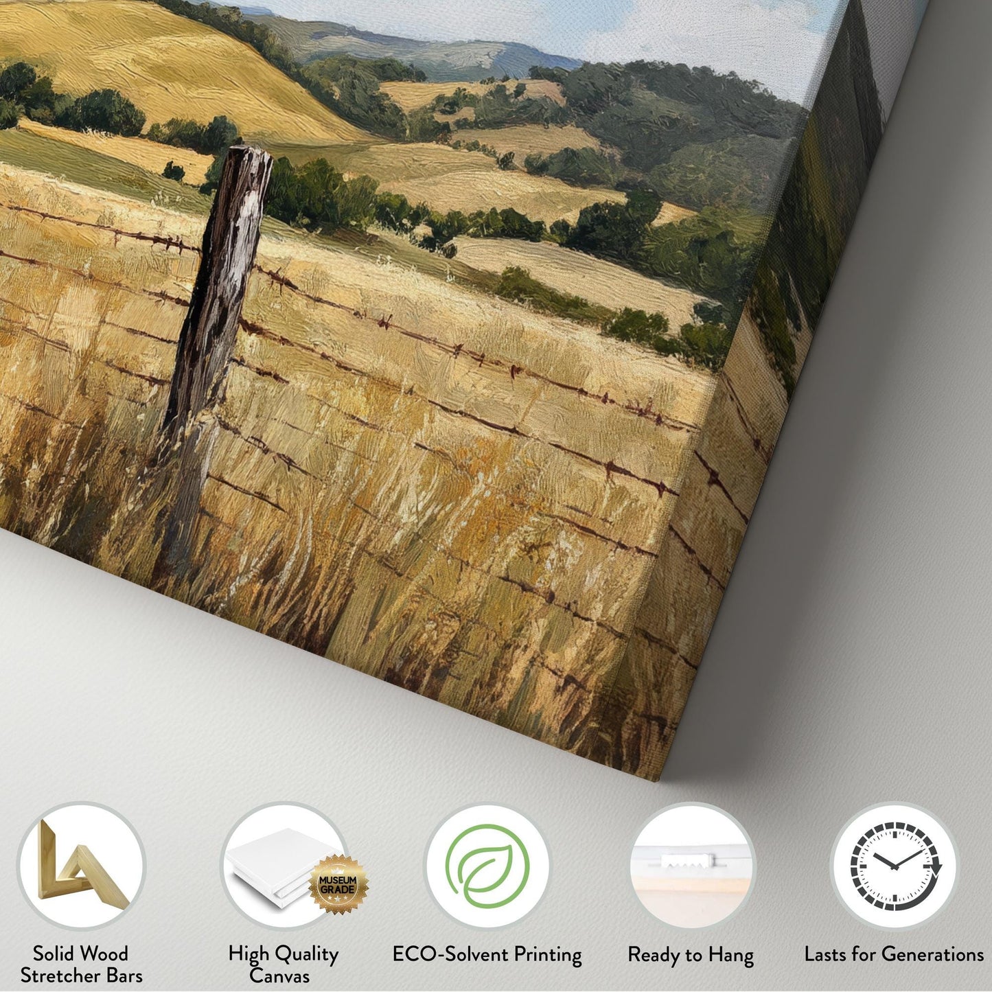 Rustic Fence Line Canvas Art | Impasto Painting Print | Transitional Wall Art For Living Room | Harvest Gold Art Horizontal Art