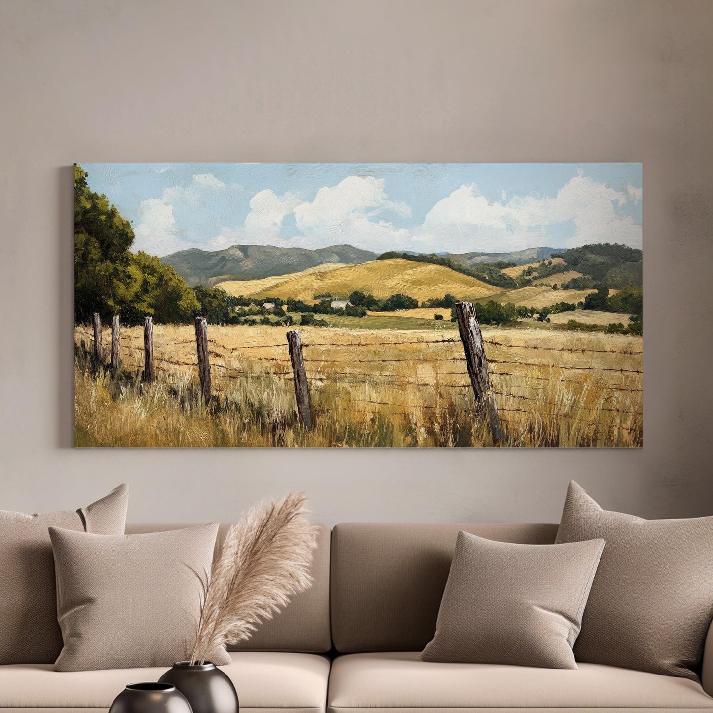 Rustic Fence Line Canvas Art | Impasto Painting Print | Transitional Wall Art For Living Room | Harvest Gold Art Horizontal Art