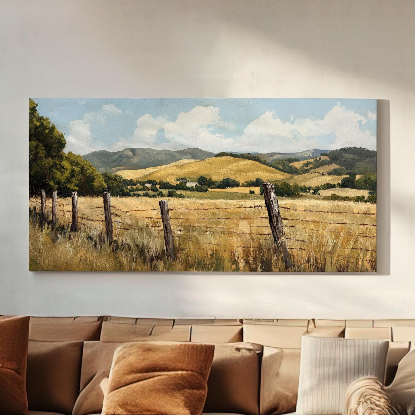 Rustic Fence Line Canvas Art | Impasto Painting Print | Transitional Wall Art For Living Room | Harvest Gold Art Horizontal Art