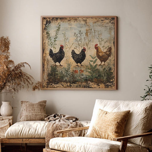 Rustic Farmhouse Chicken Canvas Art | Distressed Oil Painting Print | Bohemian Wall Art For Dining Room Square Canvas Art