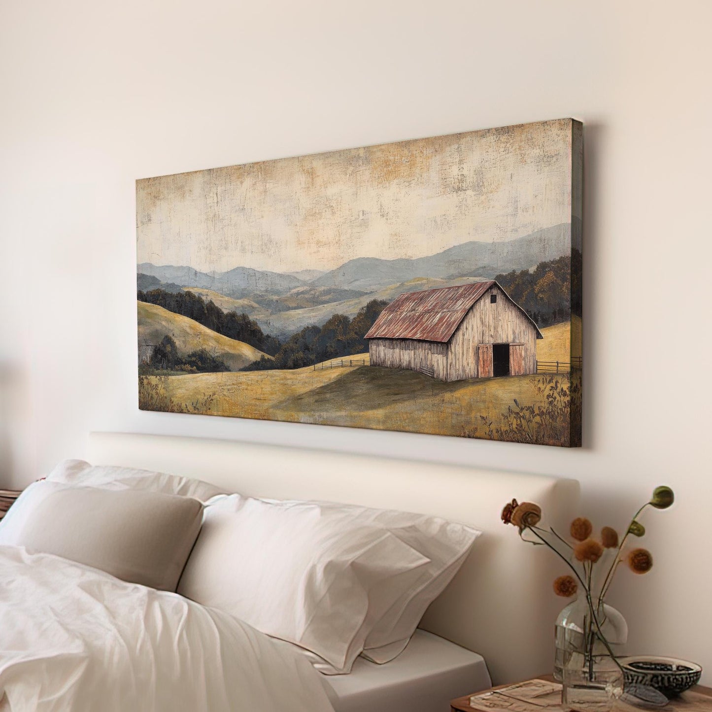 Rustic Barn Landscape Canvas Art | Textured Impasto Print | Transitional Wall Art For Living Room | Harvest Gold Art Horizontal Art