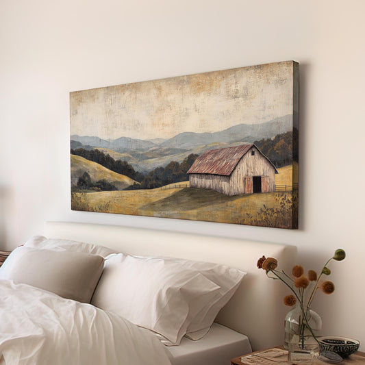 Rustic Barn Landscape Canvas Art | Textured Impasto Print | Transitional Wall Art For Living Room | Harvest Gold Art Horizontal Art