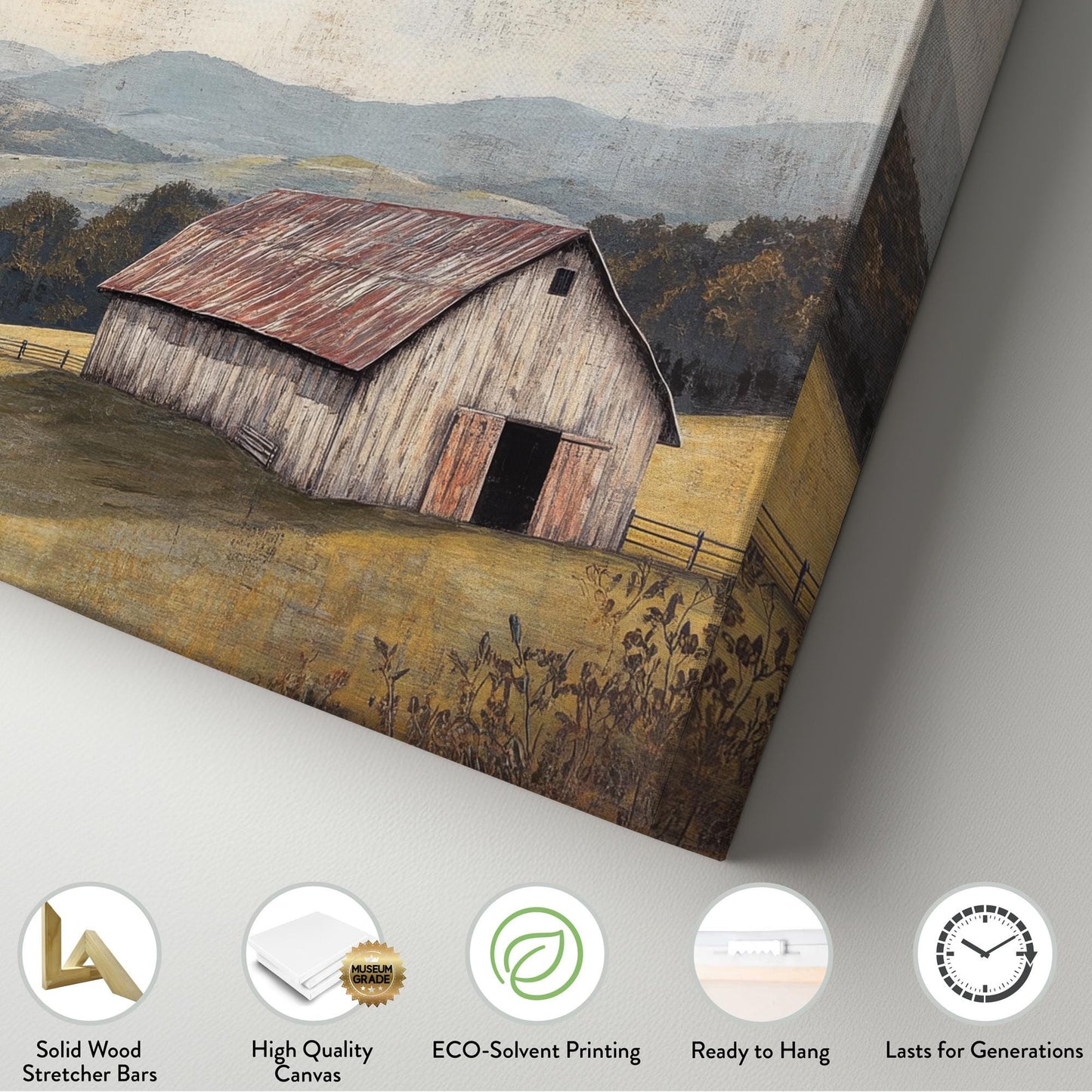 Rustic Barn Landscape Canvas Art | Textured Impasto Print | Transitional Wall Art For Living Room | Harvest Gold Art Horizontal Art