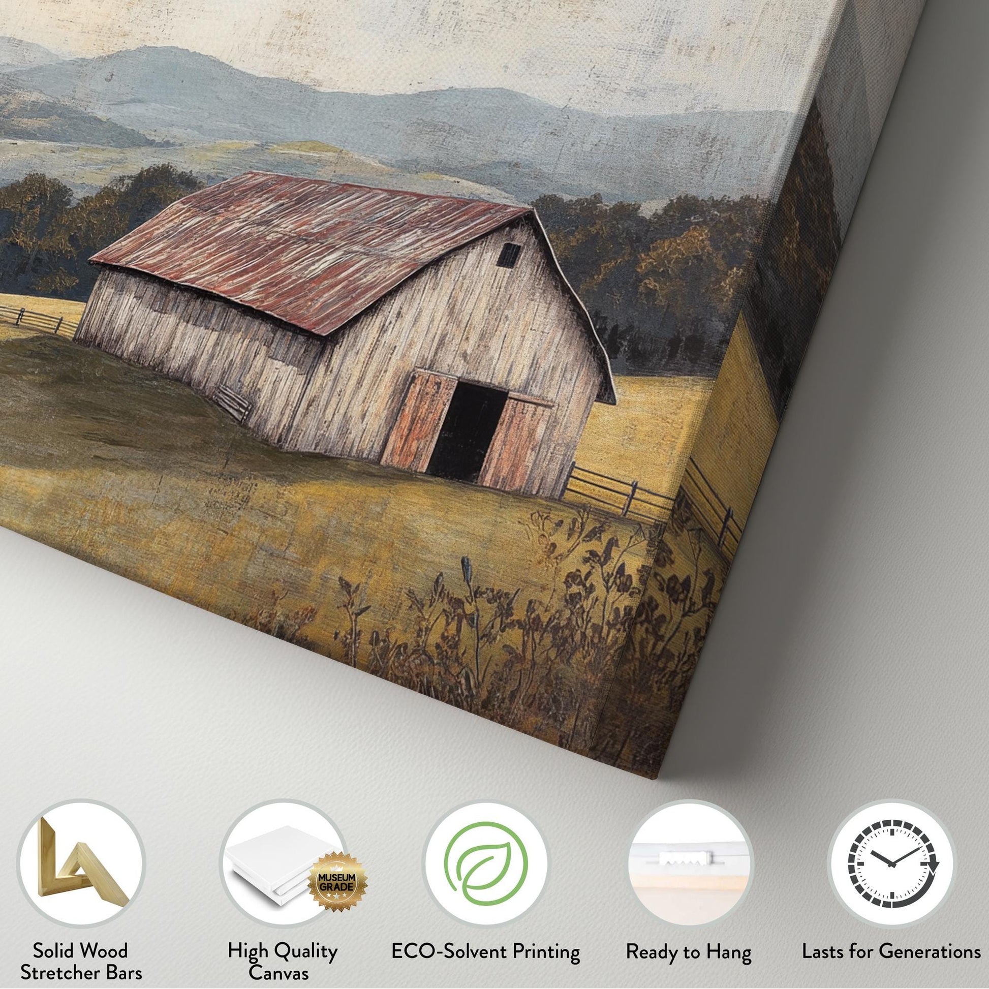 Rustic Barn Landscape Canvas Art | Textured Impasto Print | Transitional Wall Art For Living Room | Harvest Gold Art Horizontal Art