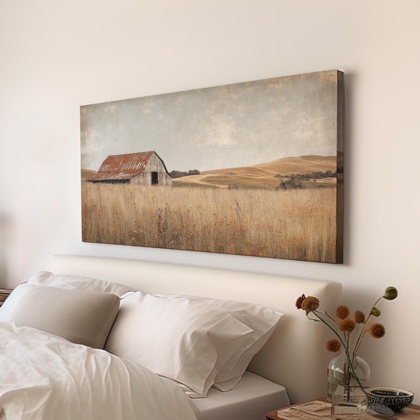 Rustic Barn Canvas Art | Textured Gicle Print | Farmhouse Wall Art For Living Room | Blush Pink Clay Art Horizontal Art