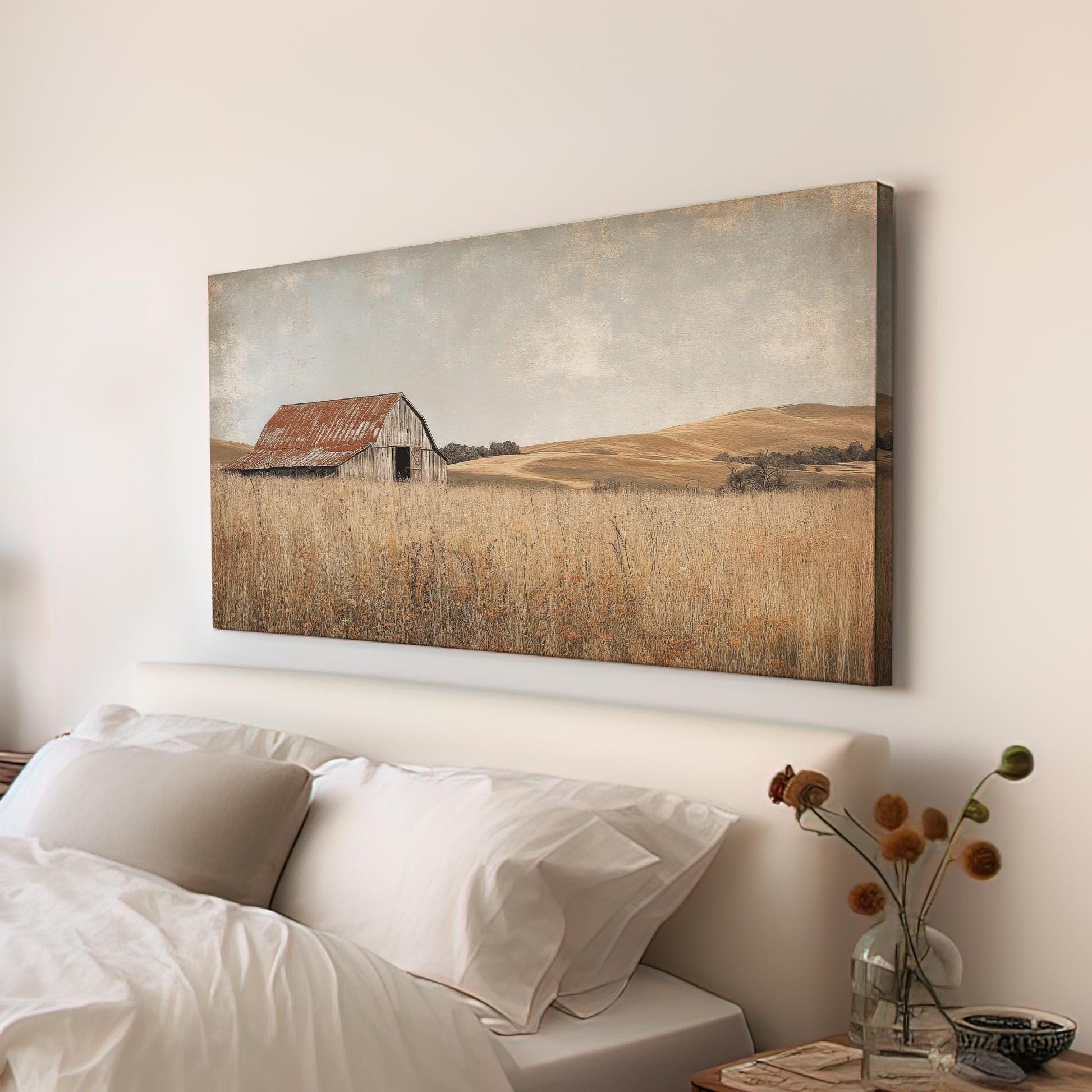 Rustic Barn Canvas Art | Textured Gicle Print | Farmhouse Wall Art For Living Room | Blush Pink Clay Art Horizontal Art