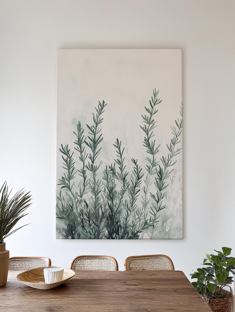 Rosemary Sprig Canvas Art | Watercolor Botanical Print | Tranquil Zen Wall Art For Living Room | Sage Green Botanical Art Vertical Canvas