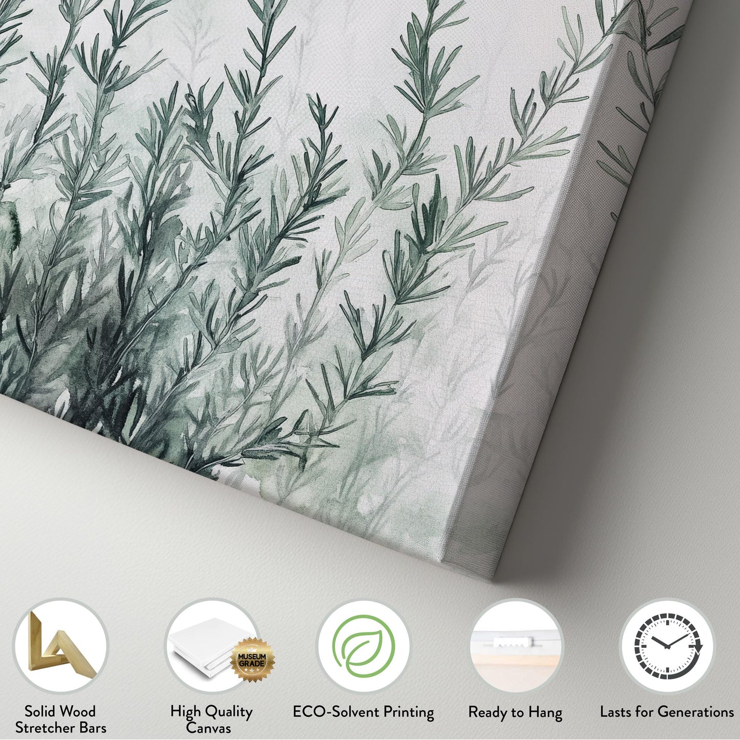 Rosemary Sprig Canvas Art | Watercolor Botanical Print | Tranquil Zen Wall Art For Living Room | Sage Green Botanical Art Vertical Canvas
