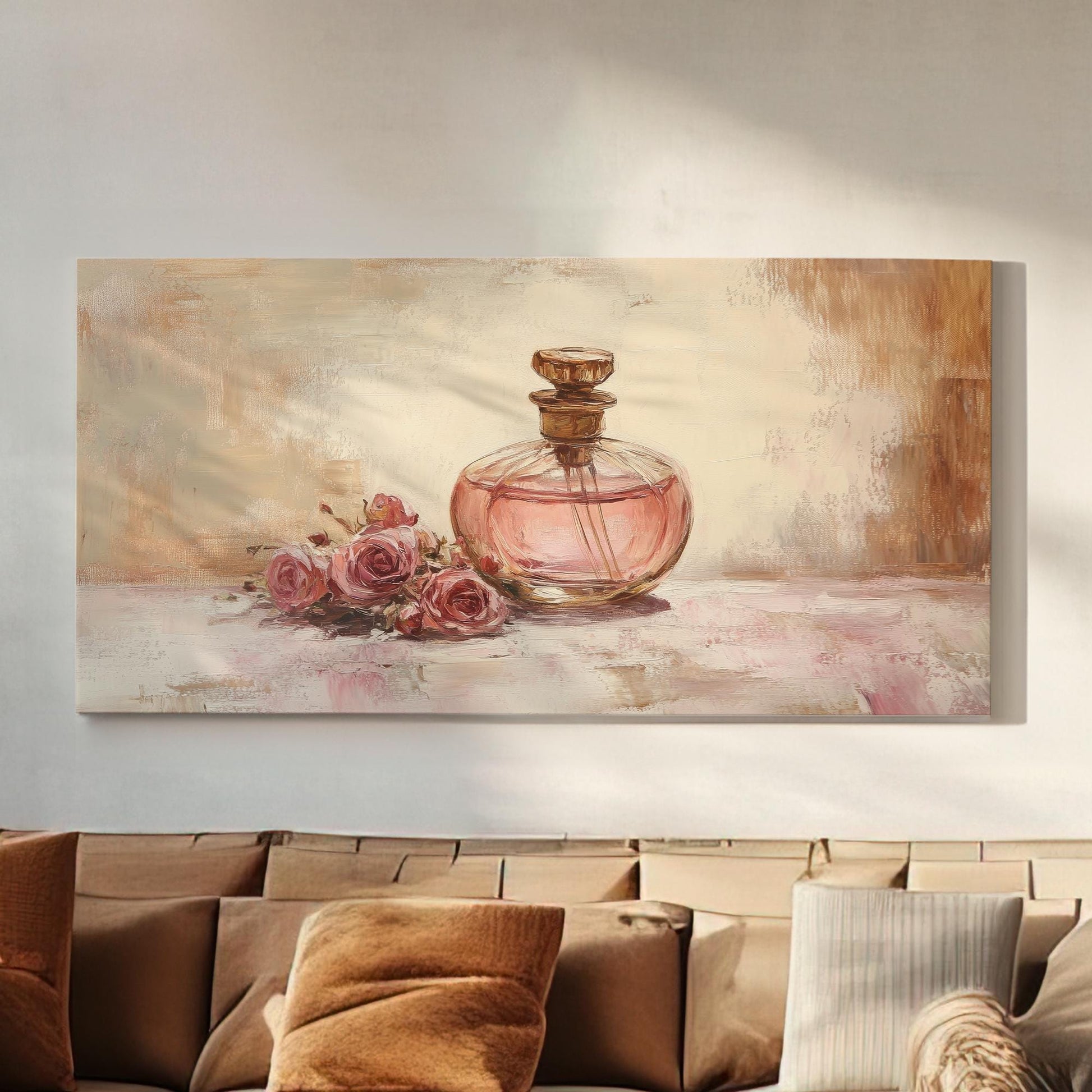 Rose Perfume Bottle Canvas Art | Impasto Oil Print | French Country Wall Art For Bedroom | Blush Pink Art Horizontal Art